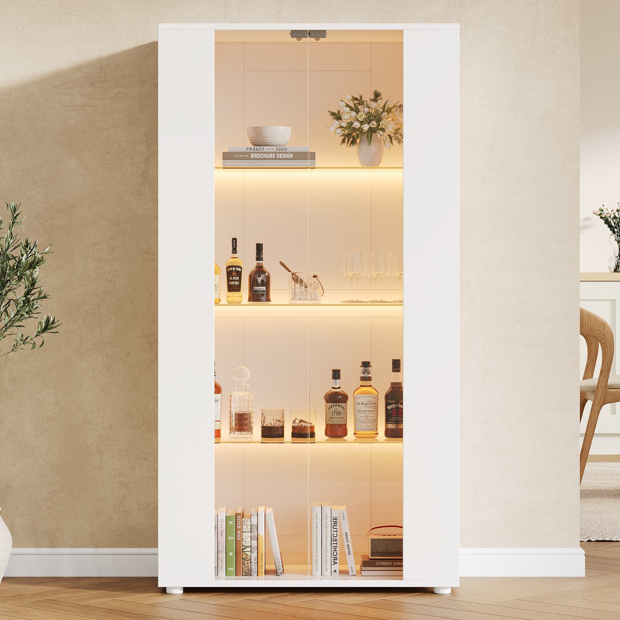 Flieks Glasvitrine Hochschrank mit LED-Beleuchtung, 2 Glastüren, 3 Glaseinlegeböden (80×36×150 cm, 4 Ebenen, 1-St., Standvitrine Eckvitrine für Wohnzimmer, Schlafzimmer, Arbeitszimmer) multifunktional Vitrine mit 4 Ablageflächen Mehrzweckschrank Weiß
