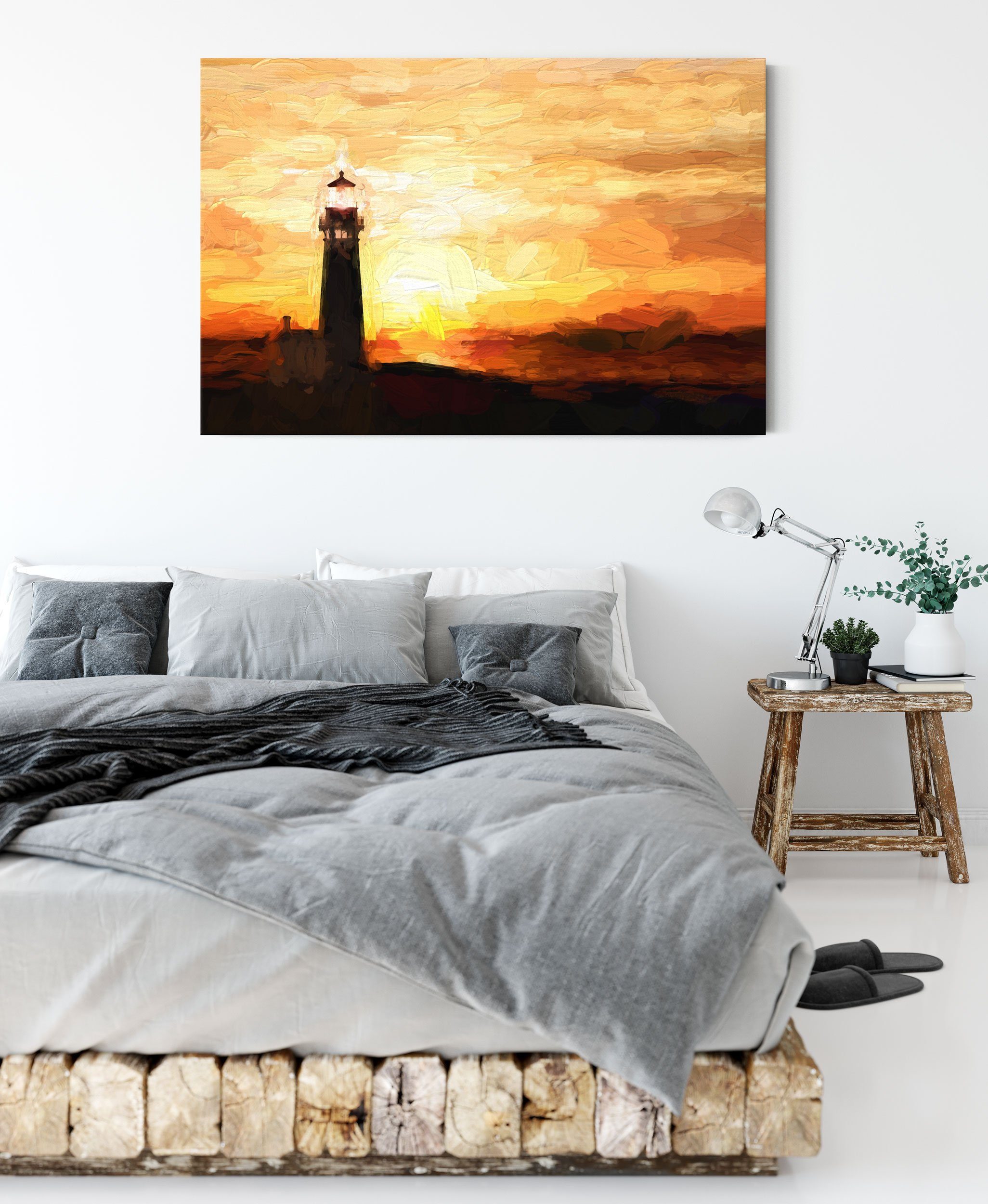 Leuchtturm St), Leuchtturm Leinwandbild im Leinwandbild bespannt, (1 inkl. im fertig Sonnenuntergang Pixxprint Sonnenuntergang, Zackenaufhänger