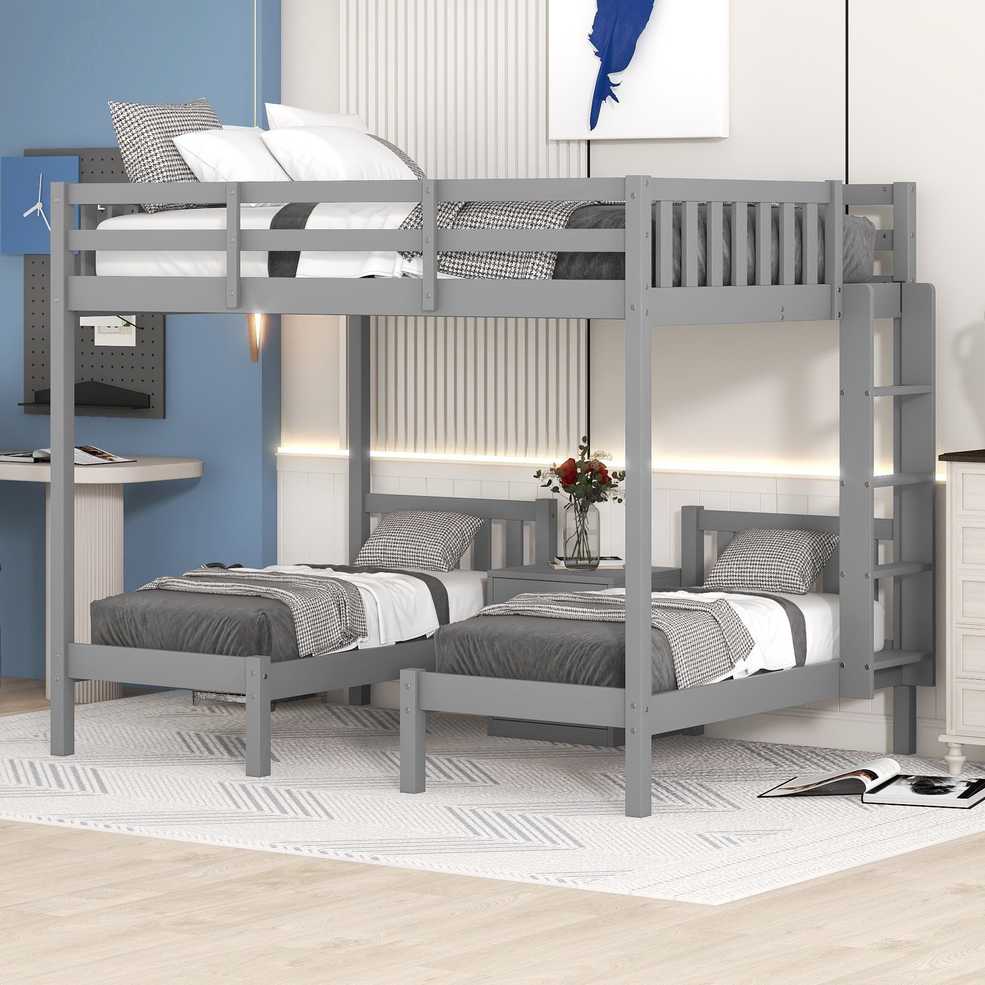 Merax Hochbett 140x200/70x140cm aus Kiefer mit Nachttisch, Kinderbett  (3-St) Etagenbett mit 3 Liegeflächen, Leiter und Rausfallschutz