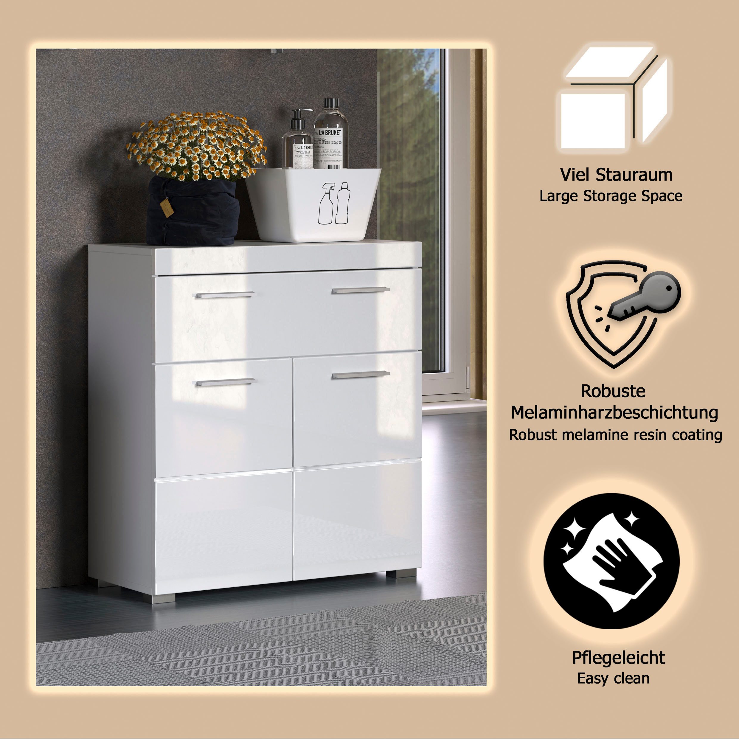 welltime Unterschrank Avena Standschrank mit 2 Türen, 1 Schublade - (B/T/H) 73/31/79 cm