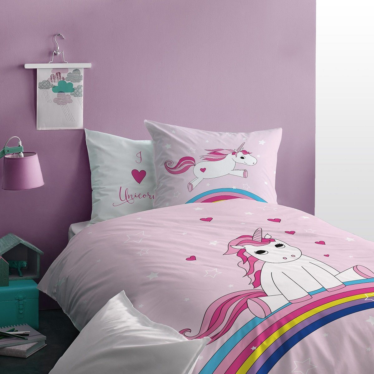 Familando Kinderbettwäsche mit Einhorn auf Regenbogen günstig online kaufen