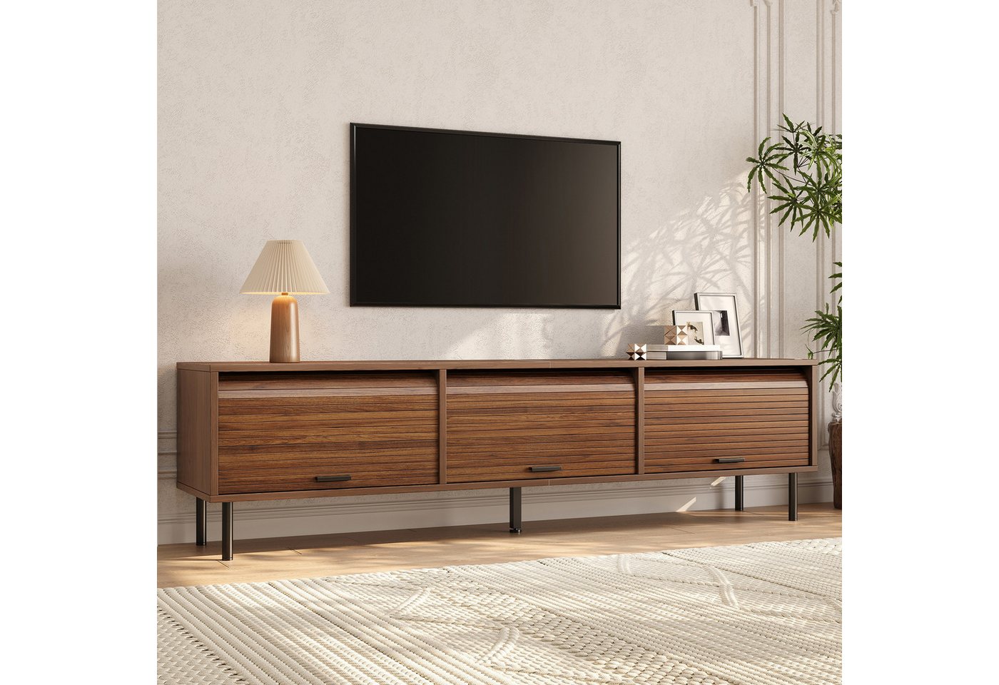 Merax Lowboard mit 3 aufschiebbaren Türen, Stauraum & Metallfüßen (Fernsehtisch 180x40x55cm, 1 St), TV-Schrank mit vertikaler Rillenoptik & schwarzen Griffen
