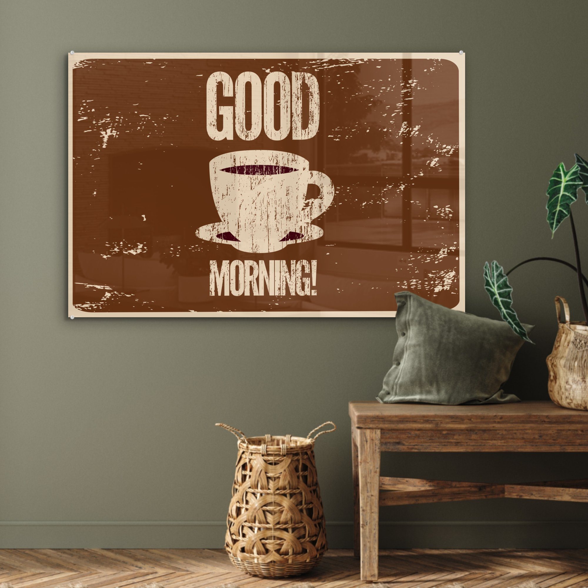 St), Morgen! - - Acrylglasbilder Kaffee Guten Vintage MuchoWow Wohnzimmer & Schlafzimmer Acrylglasbild - - Sprichwörter Zitate, (1
