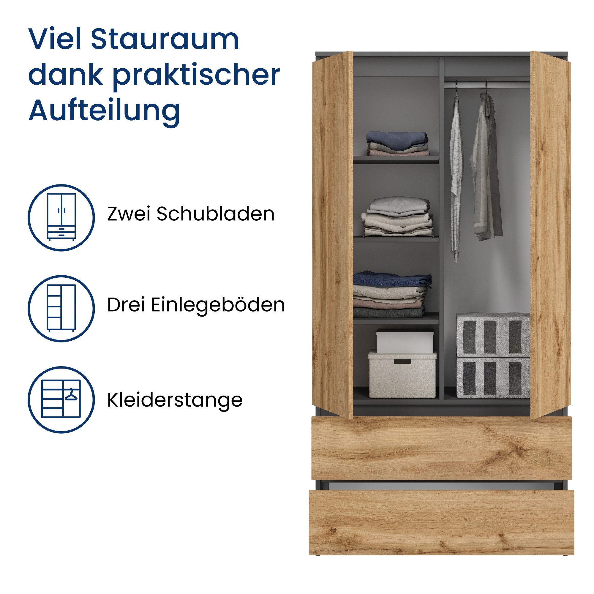 Home Collective Kleiderschrank Schrank 90cm breit mit 2 Schubladen, 3 Einlegeböden und Kleiderstange (Haushaltsschrank Schrank Organizer für Schlafzimmer Flur K – Bild 4 von 5