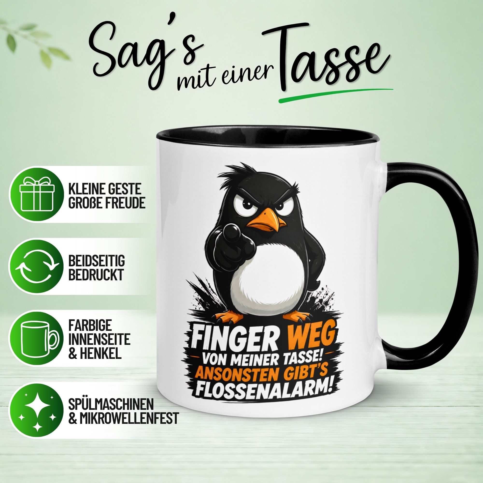 Momentals Tasse Pinguin – Finger weg - Ansonsten Flossenalarm – Morgenmuffel Geschenk, Gratis Versand · Links-&Rechtshänder · Spülmaschinenfest