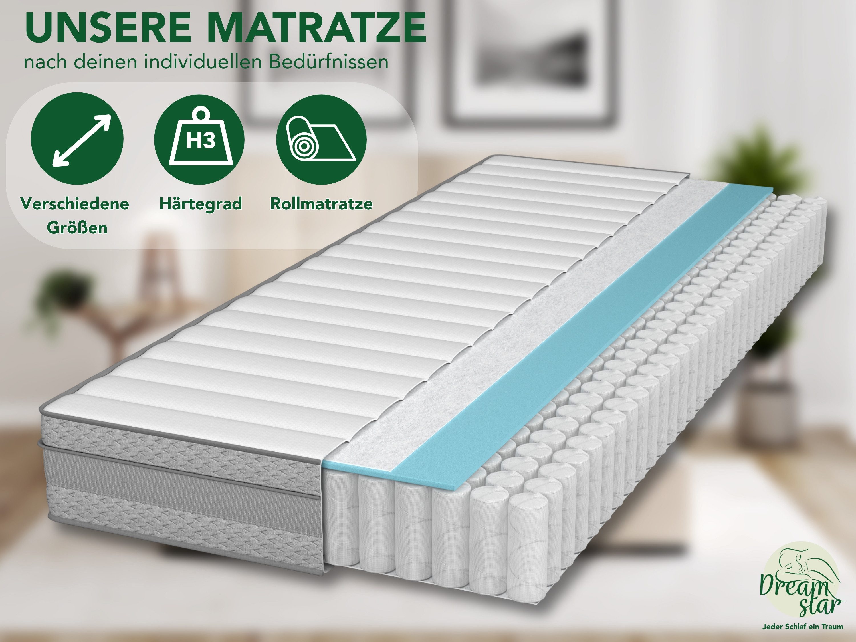 Taschenfederkernmatratze Comfort, ergonomische 7-Zonen Federkernmatratze 90x200 cm & 140x200 cm, Dreamstar, 21 cm hoch, mittelfeste Matratze (H3), aktmungsaktiv, anpassungsfähig