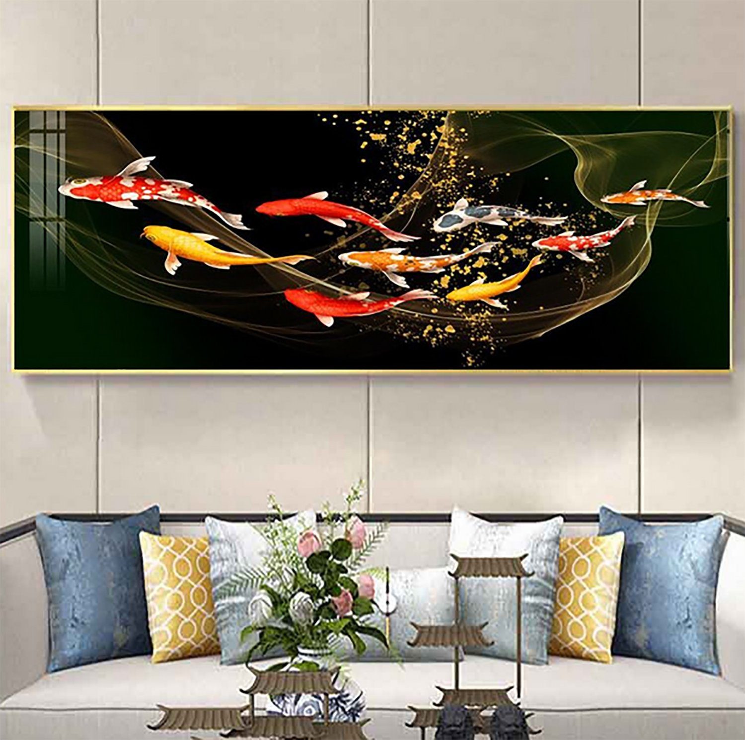 TPFLiving Kunstdruck (OHNE RAHMEN) Poster - Leinwand - Wandbild, Außergewöhnliche Fisch-Motive in Breitbild-Format - (Leinwand Wohnzimmer, Leinwand Bilder, Kunstdruck), Farben: Schwarz, rot, gelb, blau - Größe 20x60cm