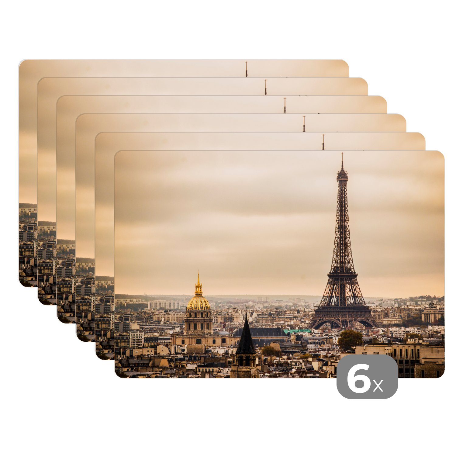 Platzset, Dichte Wolken über Paris und dem Eiffelturm, MuchoWow, (6-St), Platzset, Platzdecken, Platzmatte, Tischmatten, Schmutzabweisend