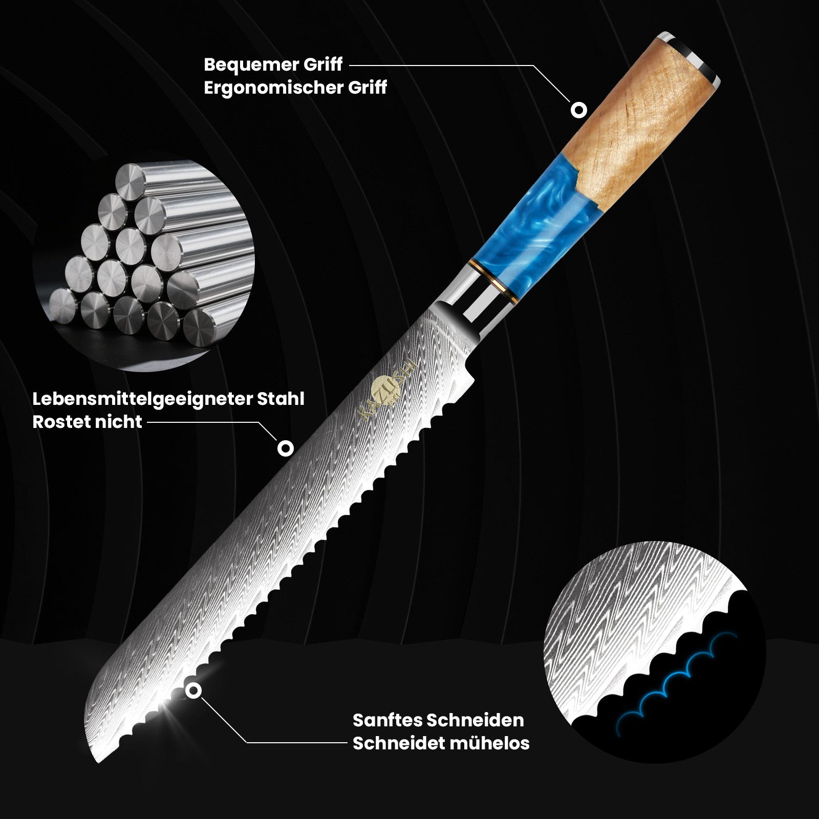KAZUSHI Brotmesser 8 Zoll Kochmesser, Lebensmittelqualität Edelstahl, mit Wellenschliff, ergonomischer Griff – Bild 5 von 5