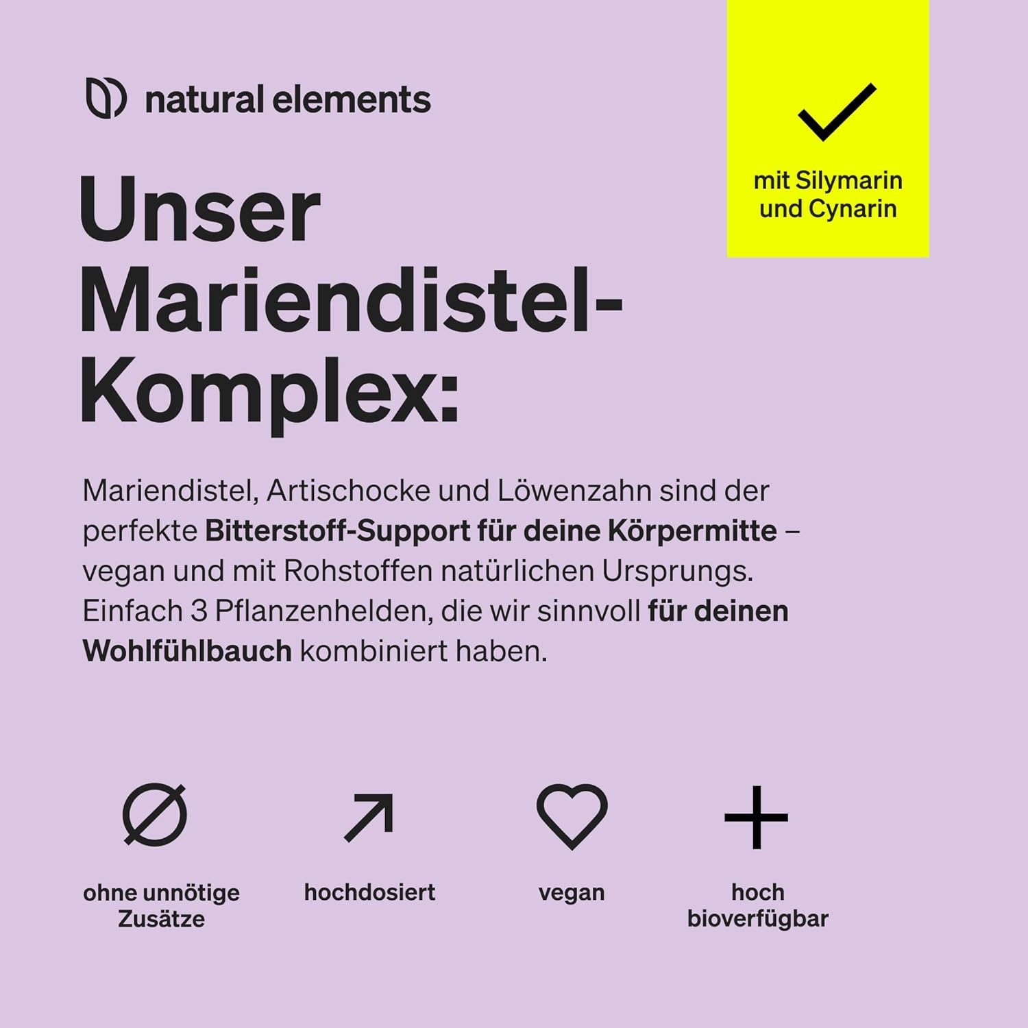 natural elements Mariendistel Artischocke Löwenzahn Komplex Kapseln, 1 er Hochdosierte Unterstützung für deine Leber à 120 St., 71 g, Hochdosiert mit 80% Silymarin
