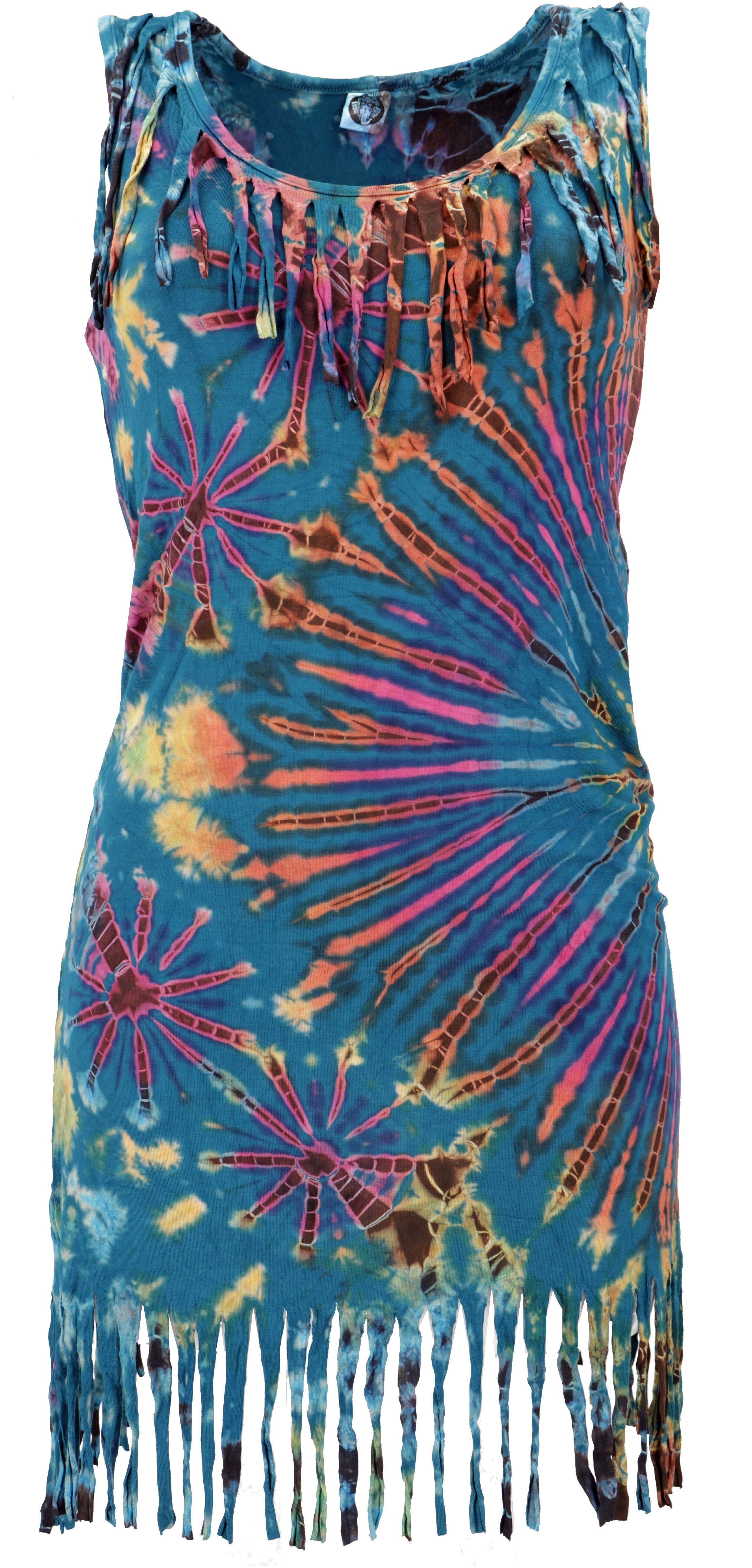 Guru-Shop Midikleid Batik Minikleid, Unikat Boho Fransenkleid -.. alternative Bekleidung