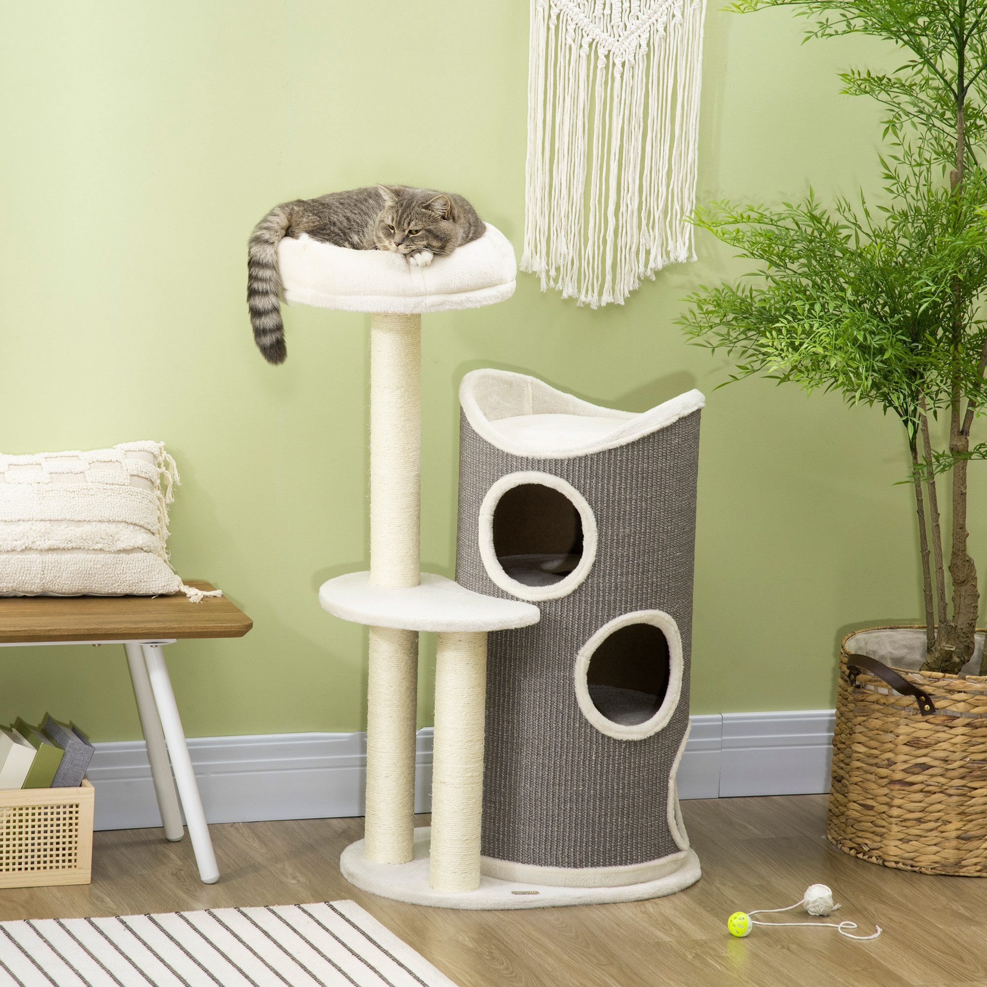 furnicato Kratzbaum Katzenkratzbaum 60L x 44,5B x 109H cm in Weiß+Grau, Kletterspielplatz mit Plüschbett, Kratztonne und Sisalpfosten
