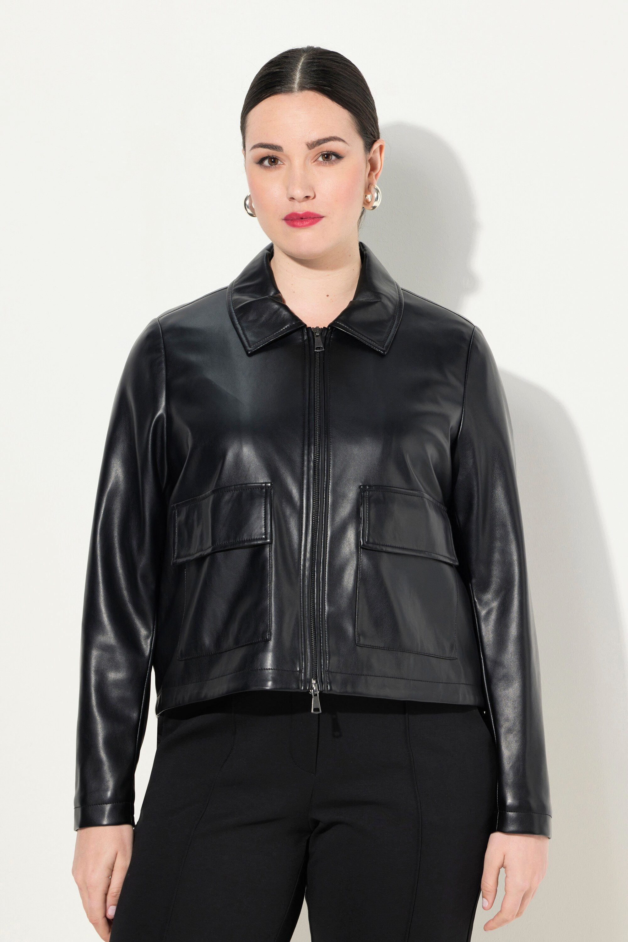 Ulla Popken Lederjacke Jacke Lederoptik Oversized Hemdkragen günstig online kaufen