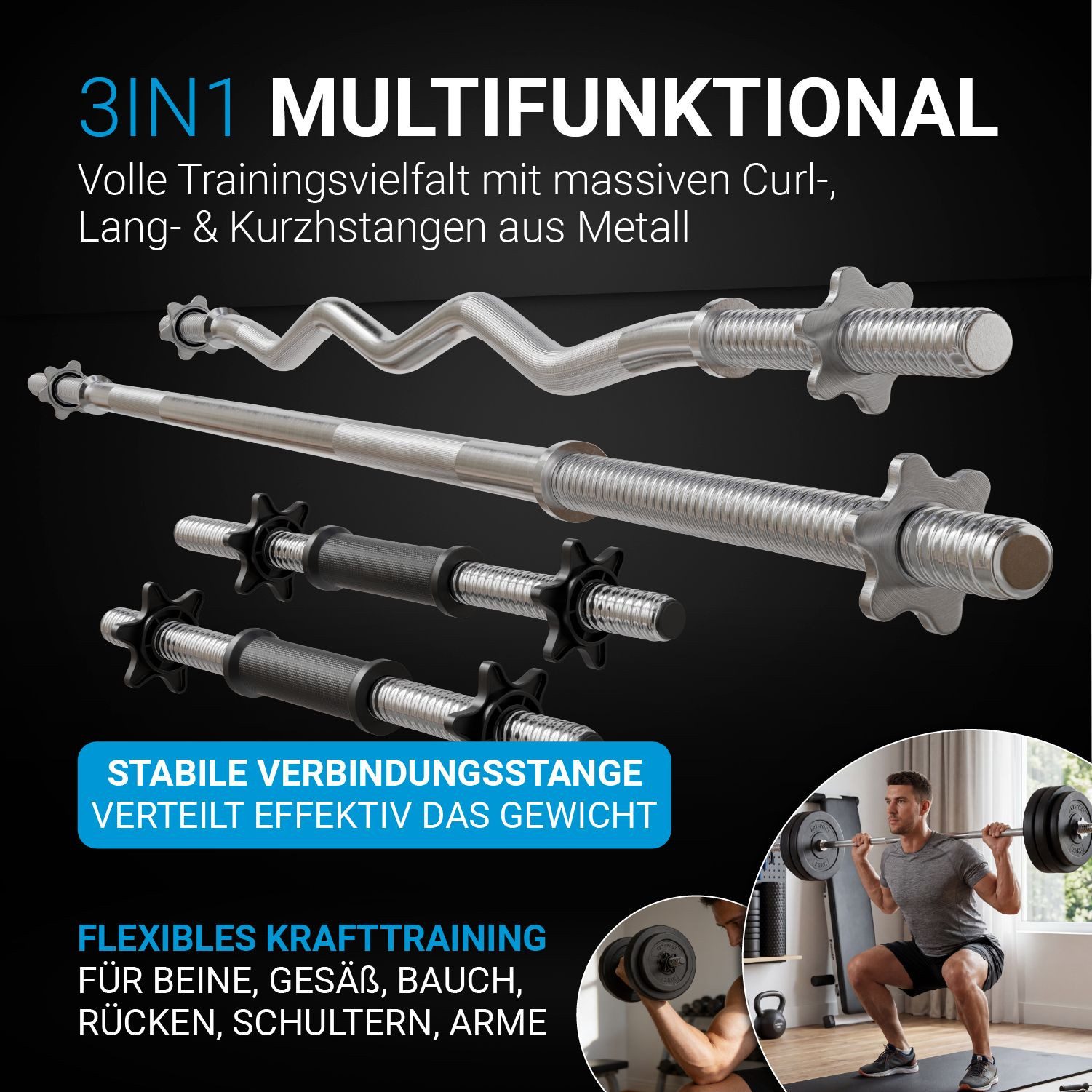ArtSport Hantel-Set 3in1, Komplettset, 60 kg Gewichte, rutschfeste Griffe, Sternverschlüsse