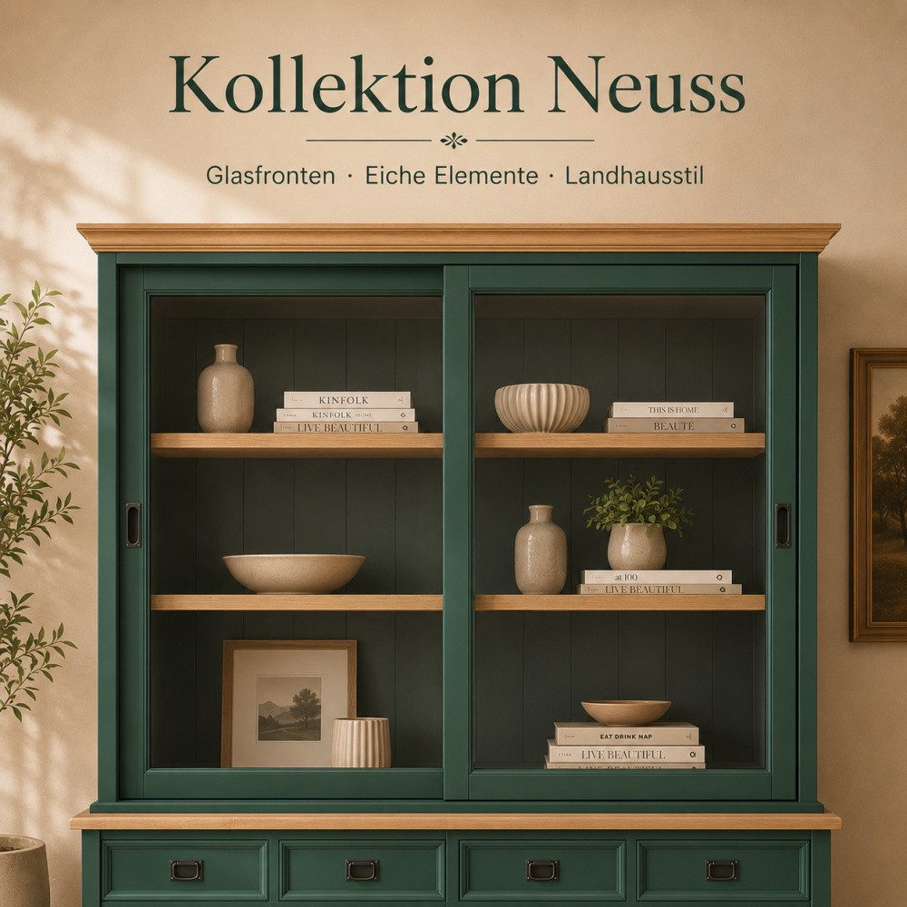 Wohnpalast Vitrine Vitrinen Schrank Neuss 200 cm Kieferngrün/Eiche (2-St)