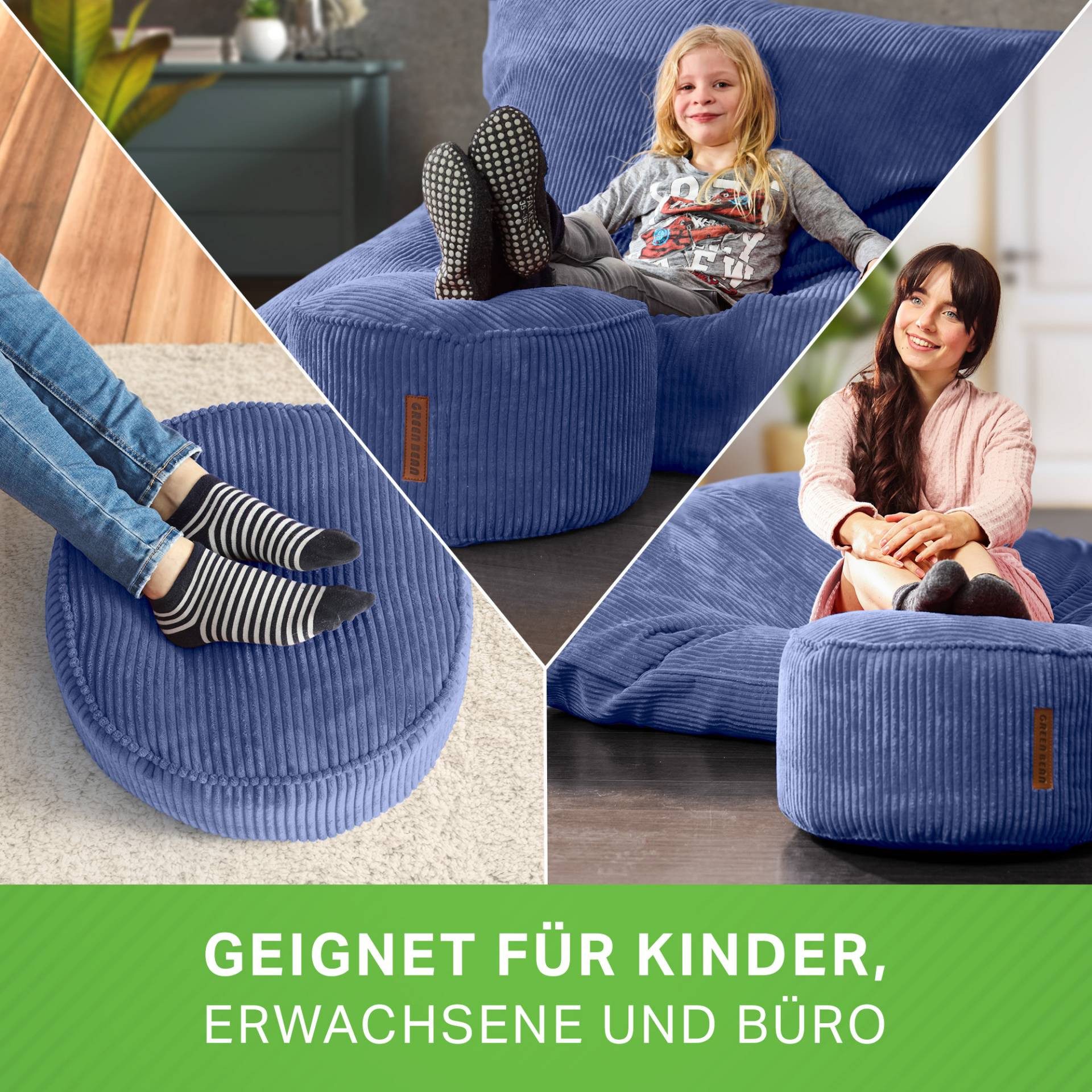 Green Bean Pouf Sitzsack-Hocker Pouf Cord 45x25cm (Indoor Sitzhocker Sitzkissen Fußhocker Relax-Sessel, Made in Germany), die ideale Ergänzung zum Sitzsack