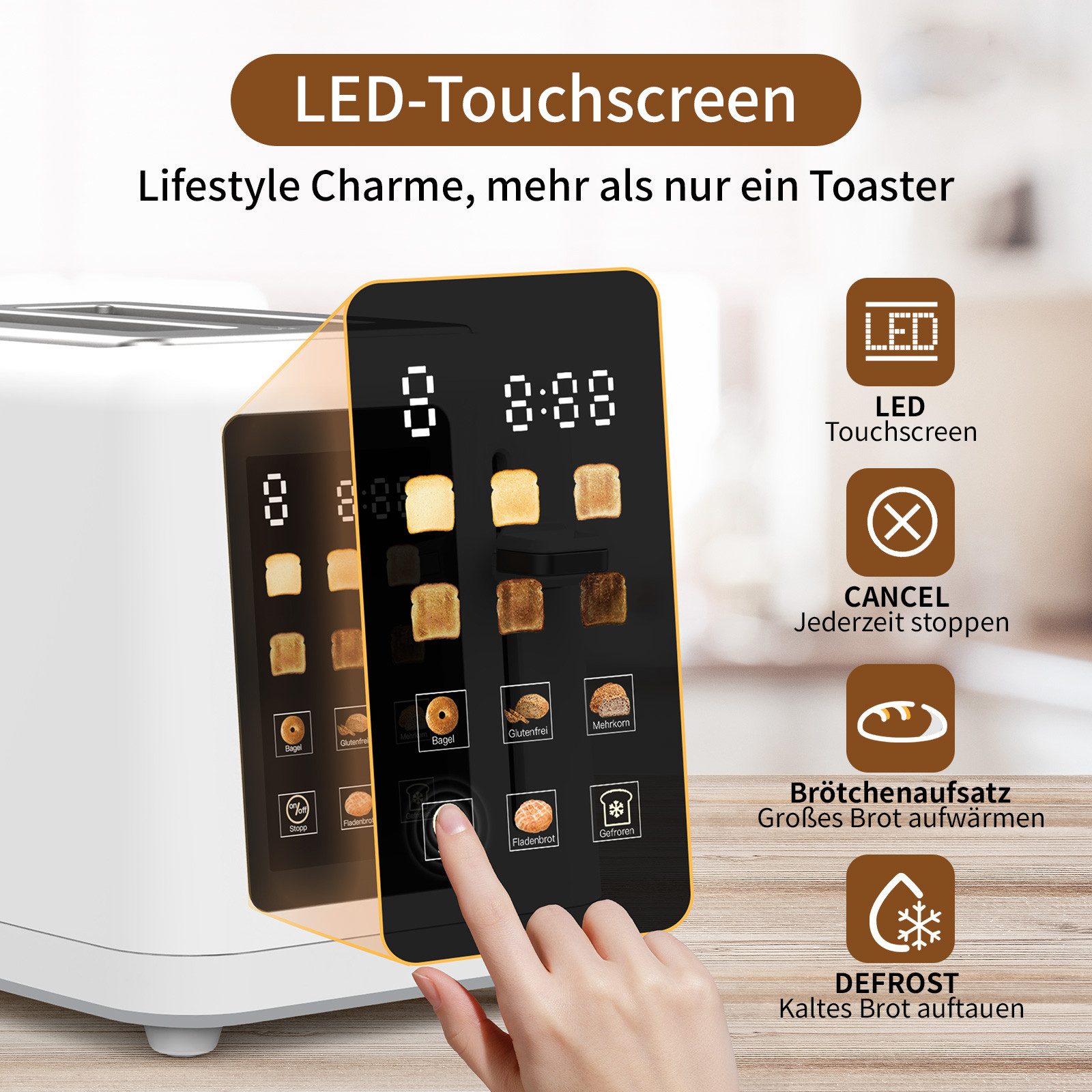 AECO Toaster toastlab MAX - white Touch LED Display, Zwei extra große Toastschlitze, für verschiedene Brotsorten, 850 W, Bräunungsstufen,LED-Display,Auftaufunktion