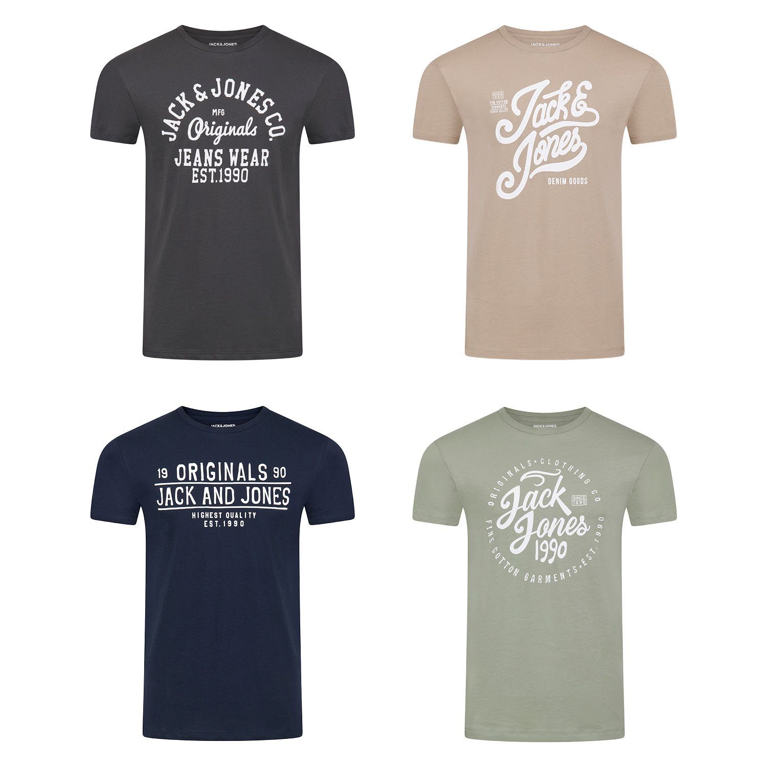 Jack & Jones T-Shirt Herren Logoprintshirt JJLINO Regualar Fit (4-tlg) Kurzarm Tee Shirt mit Rundhalsausschnitt aus 100% Baumwolle Pack 3