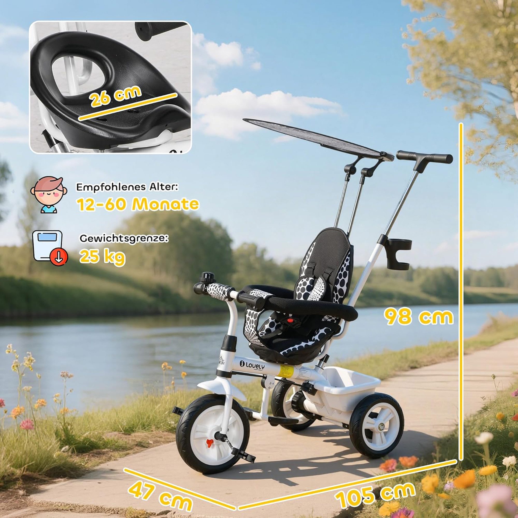 ibettertec Dreirad 6-in-1 Kinderdreirad, Schubstange, abnehmbares Sonnendach, Modular erweiterbar, Traglast bis 25 kg, Weißes Gehäuse