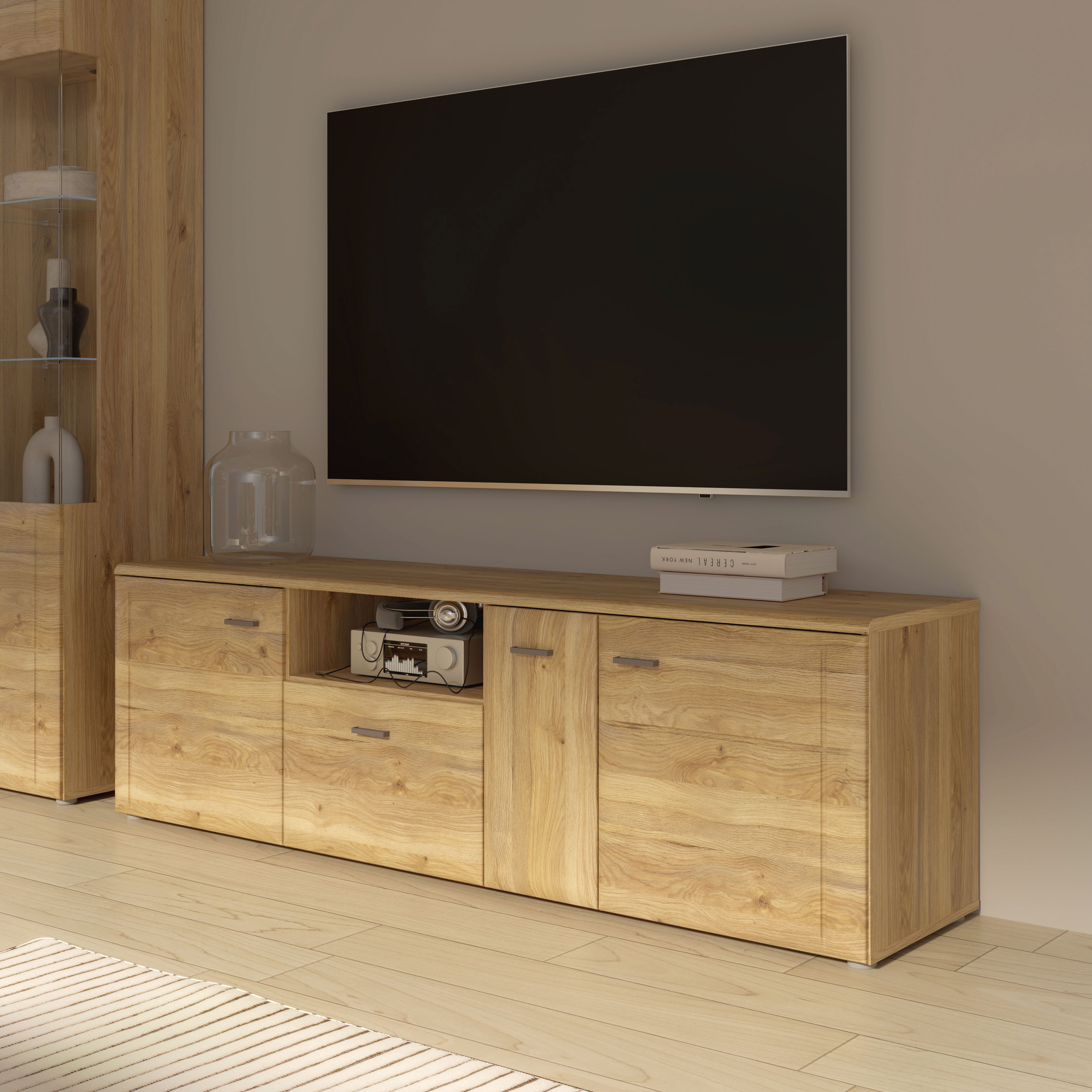 FORTE Lowboard Akinori TV-Board, TV-Schrank, TV Board, Holzoptik, MDF Front, Metallgriffe, Vollauszug, Soft Close