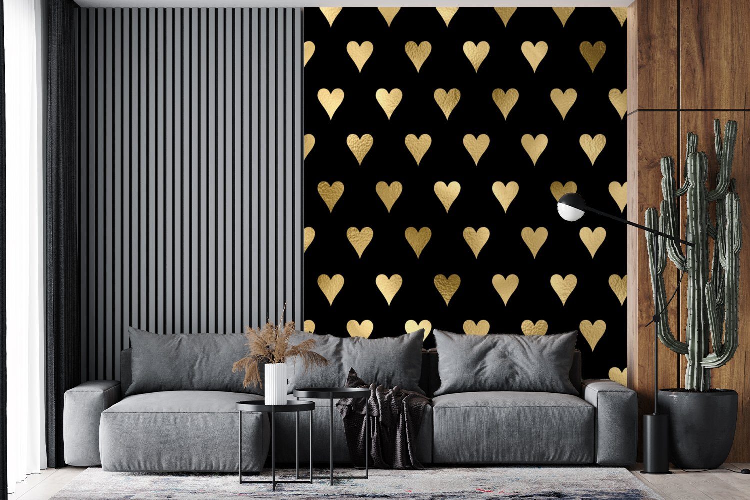 Herz - für Muster, - MuchoWow Luxus Gold Wohnzimmer, Vinyl bedruckt, Montagefertig Schwarz - Fototapete - (4 Matt, St), Wandtapete Tapete