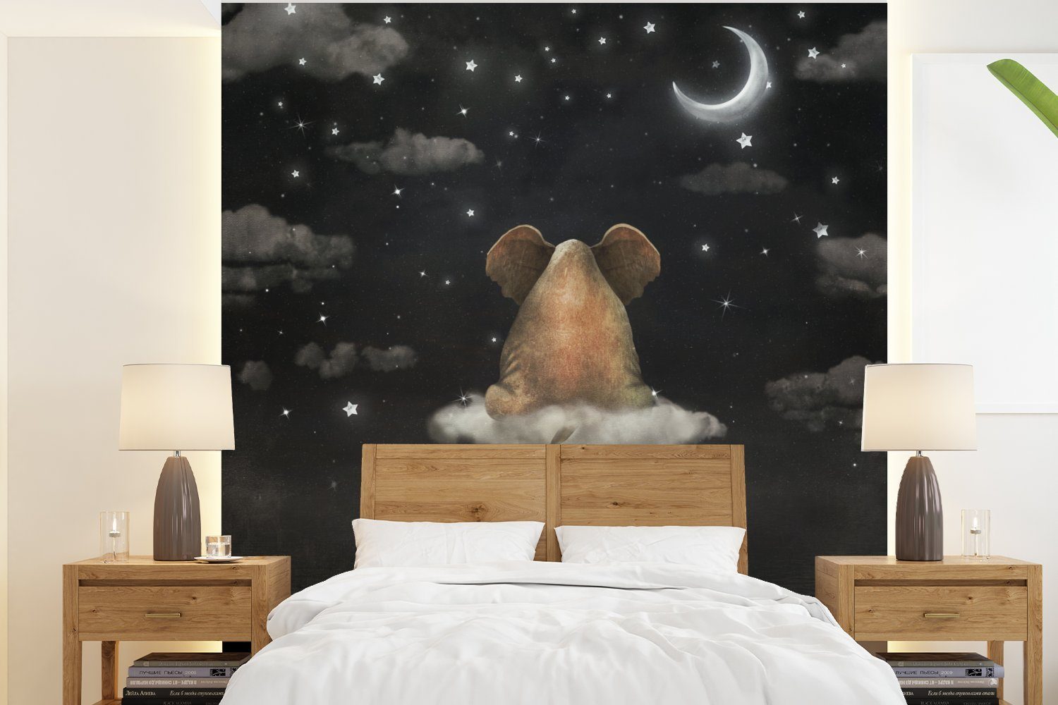 MuchoWow Fototapete bedruckt, - - Schlafzimmer Mond St), (4 Elefant Matt, Vliestapete Fototapete für Küche, Wohnzimmer Sternenhimmel