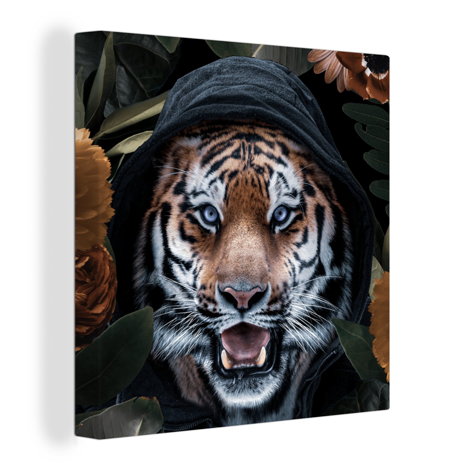 OneMillionCanvasses® Leinwandbild Tiger - Kleidung - Blumen, (1 St), Leinwand Bilder für Wohnzimmer Schlafzimmer