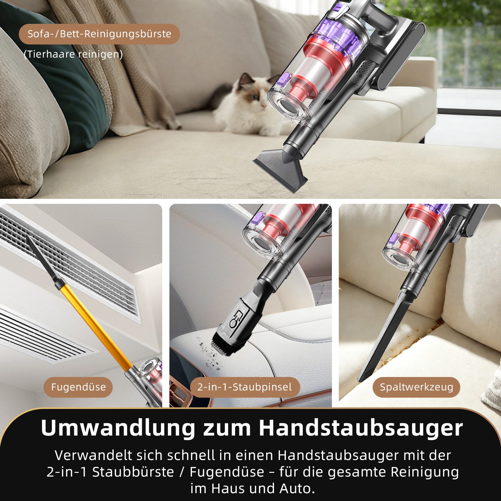 Grenintol Akku-Hand-und Stielstaubsauger 85000Pa Akku Staubsauger,Akku Handstaubsauger,Akkusauger Kabelloser, 500 W, beutellos, AkkuStaubsauger 500W,Handstaubsauger mit 4 Saugstufen,60 Min Laufzeit