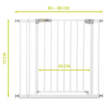 Hauck Türschutzgitter Open N Stop - White, Treppenschutzgitter 84 bis 89 cm inkl. 9 cm Verlängerung - ohne Bohren