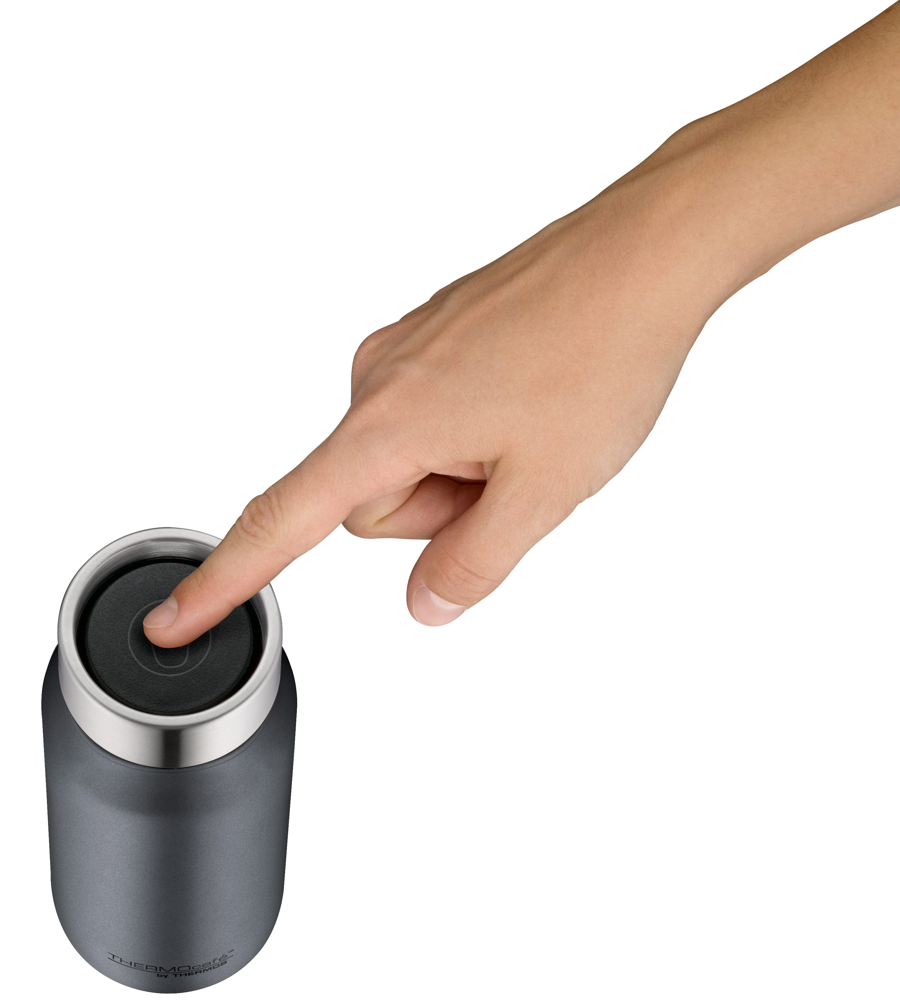 THERMOcafé Thermobecher TC DRINKING MUG, absolut dicht, spülmaschinenfest, 1-tlg., Edelstahl, Kunststoff, Silikon, 0,5l, 9h heiß & 20h kalt, zerlegbares Push Button Lid