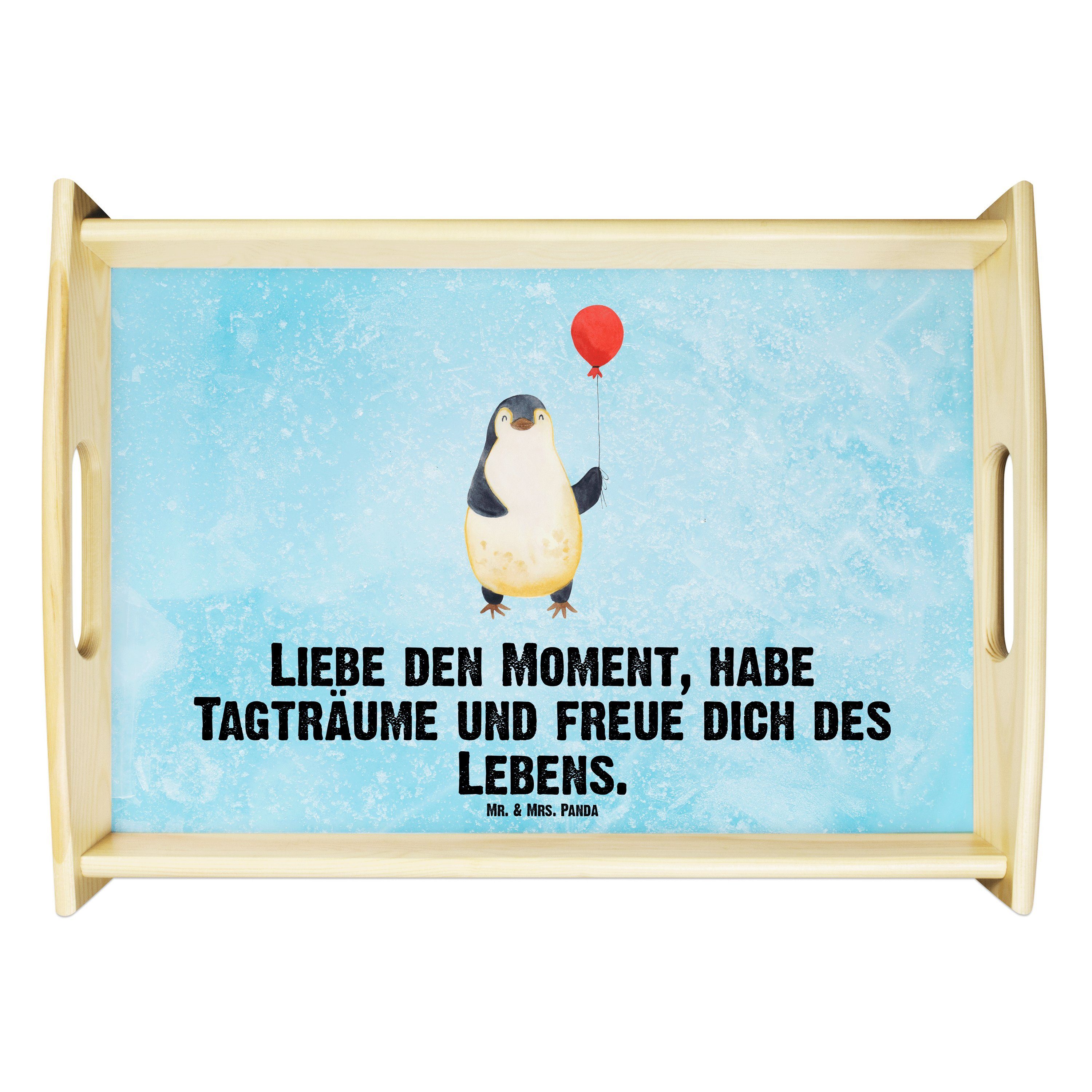 Mr. & Mrs. Panda Tablett Pinguin Luftballon - Eisblau - Geschenk, Küchentablett, Kind, Neustar, Echtholz lasiert, (1-tlg)