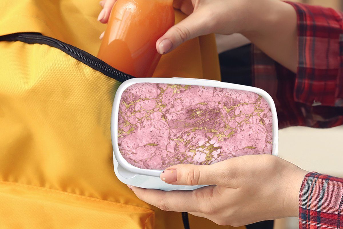 MuchoWow Lunchbox Gold - Jungs (2-tlg), Kunststoff, weiß für Rosa, Brotdose, Kinder und und Erwachsene, Mädchen - Brotbox Marmor für