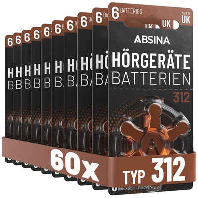 ABSINA 60x Hörgerätebatterien 312 - Batterien für Hörgeräte Typ PR41 ZL3 P312 Knopfzelle, (10 St)