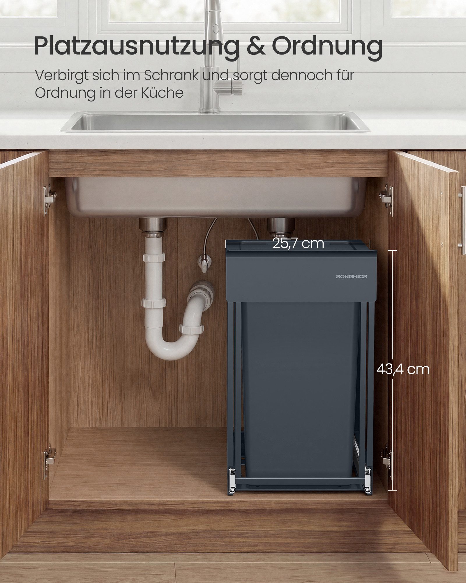 SONGMICS Mülleimer Küche, für Unterschrank, 1 x 20 L, Abfalleimer