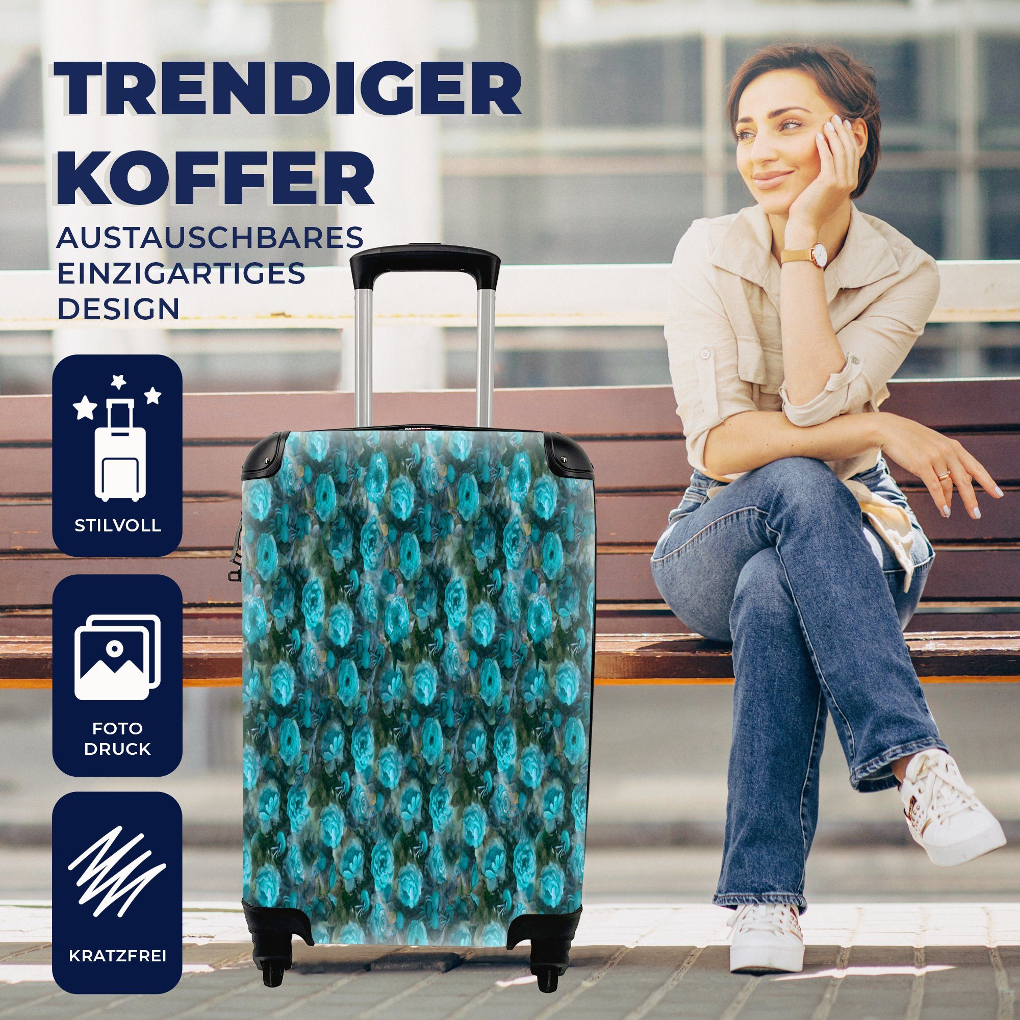 Ferien, Reisetasche Blumen für mit - Trolley, rollen, Rosen, Rollen, Blau Handgepäck Reisekoffer - 4 MuchoWow Handgepäckkoffer