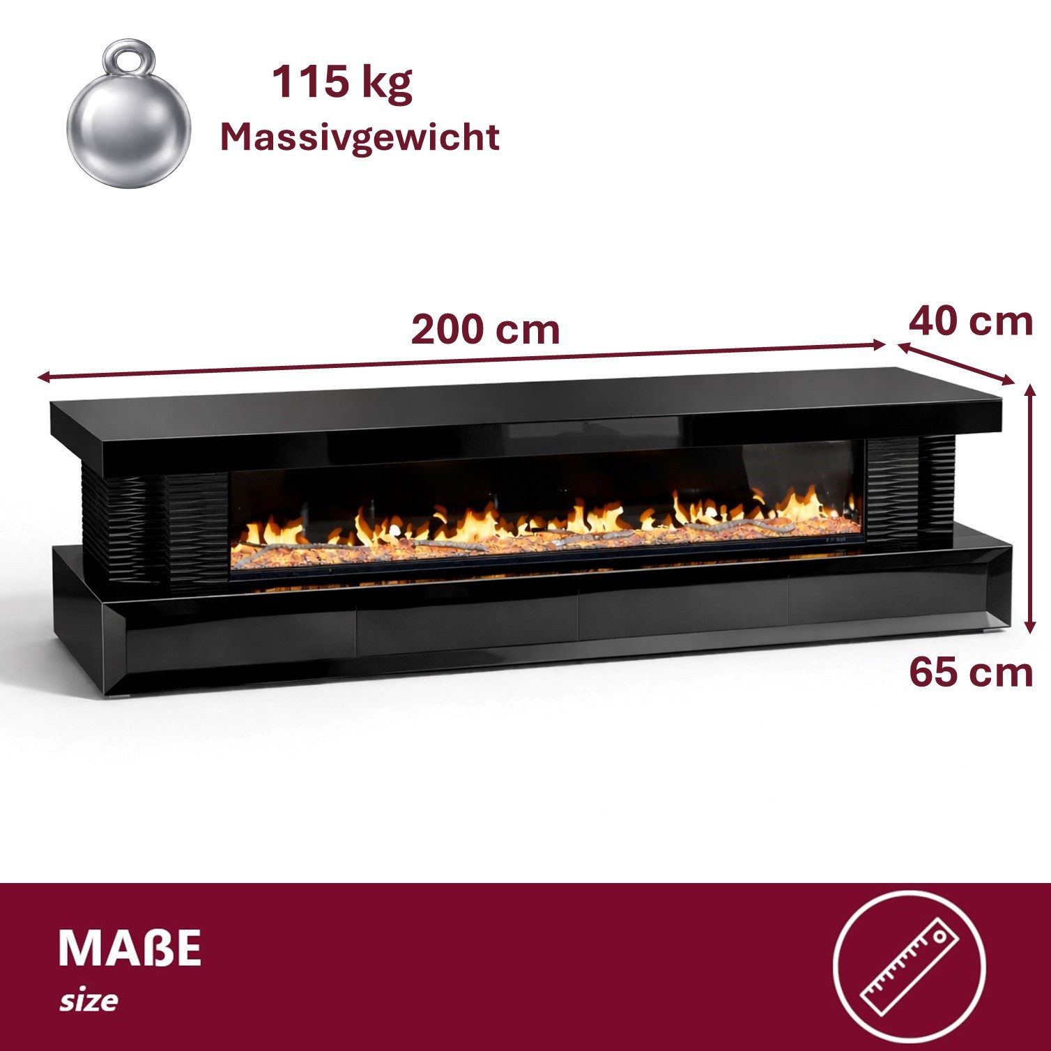 HOOZ TV-Schrank TV Lowboard mit Kamin – modernes Design Schwarz eckig 200 cm (Einzelprodukt, 1-St., TV Möbel Einzelmöbel) 3D-Flammenoptik, Push-Open Schubladen, – Bild 4 von 5