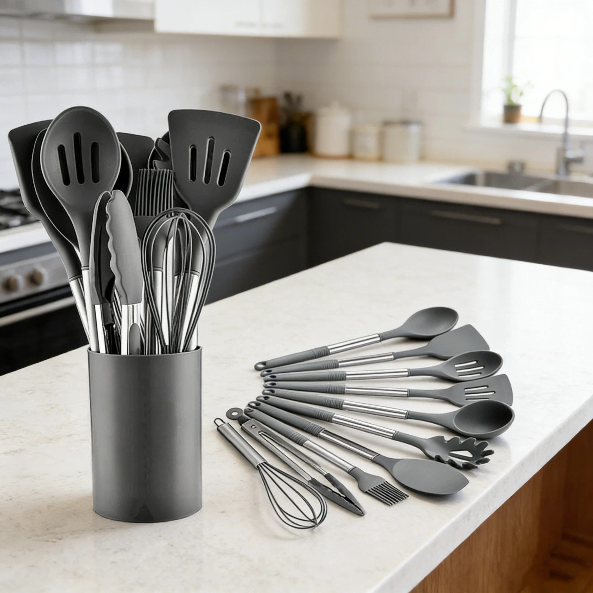 OKWISH Kochbesteck-Set 12er Küchenhelfer Set Kochgeschirr (Kochset Antihaft Hitzebeständig mit Utensilienhalter und Aufhängeloch, 12-tlg., Kochbesteck, Silikon, Kochutensilien), Spülmaschinengeeignet für Kochen Braten Schöpfen Mischen und Backen