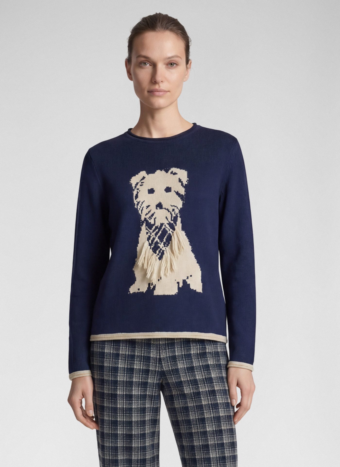 Rabe Strickpullover mit Hunde-Motiv und Fransen