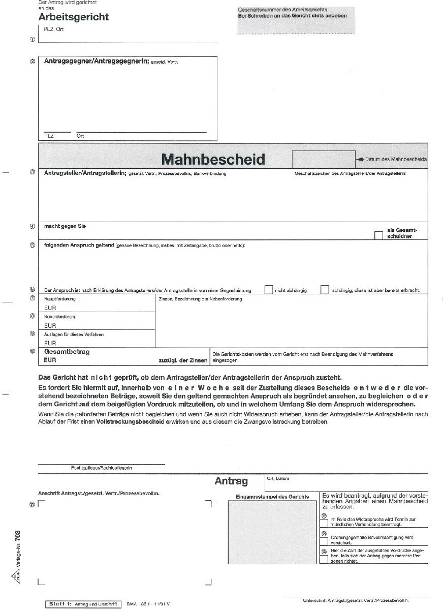 Formularblock Vordruck für den Mahn- und Vollstreckungsbescheid Arbeitsgericht A4 se