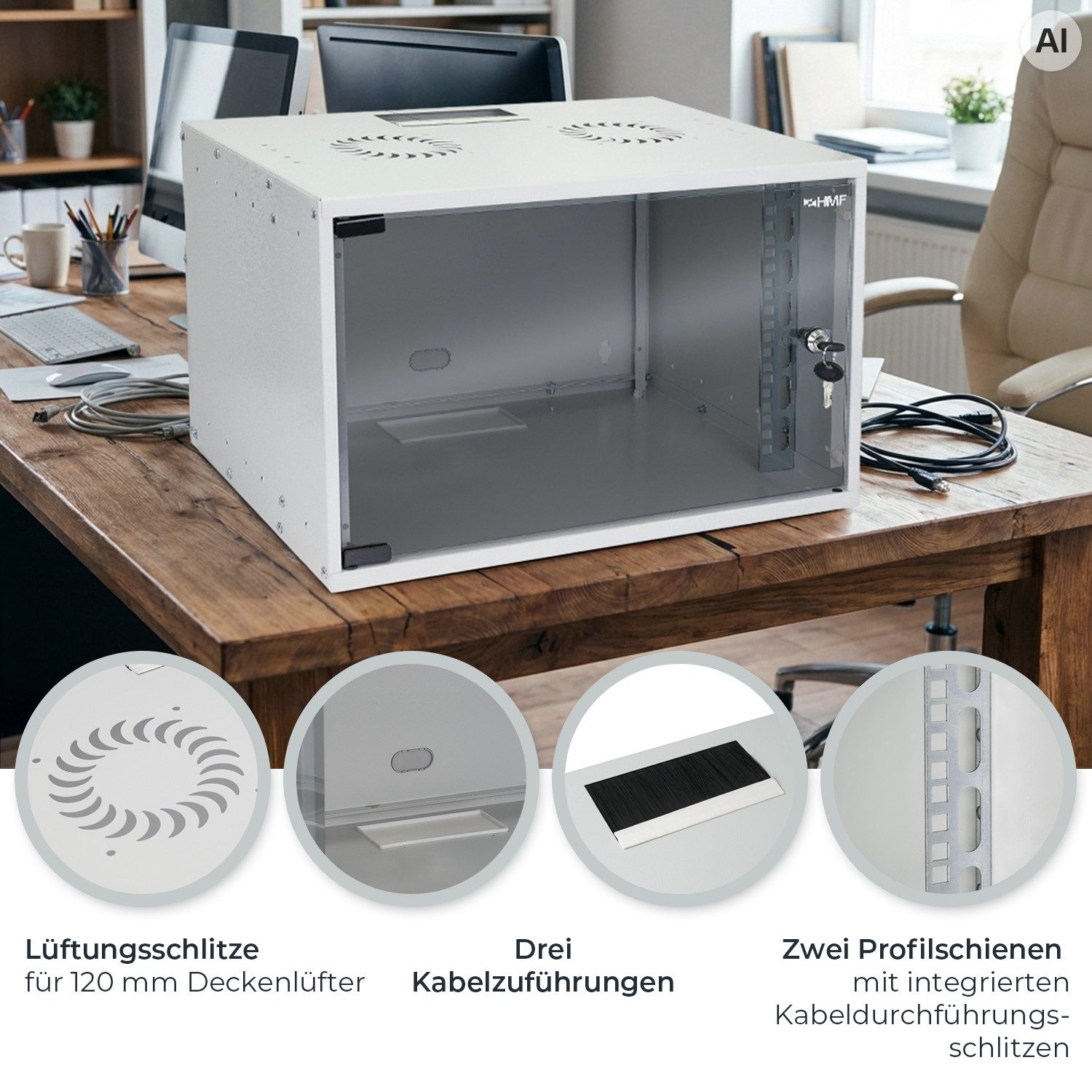 HMF Serverschrank Netzwerkschrank, Serverschrank 19 Zoll, 7 HE, 275 mm Einbautiefe, Glastür, Lichtgrau