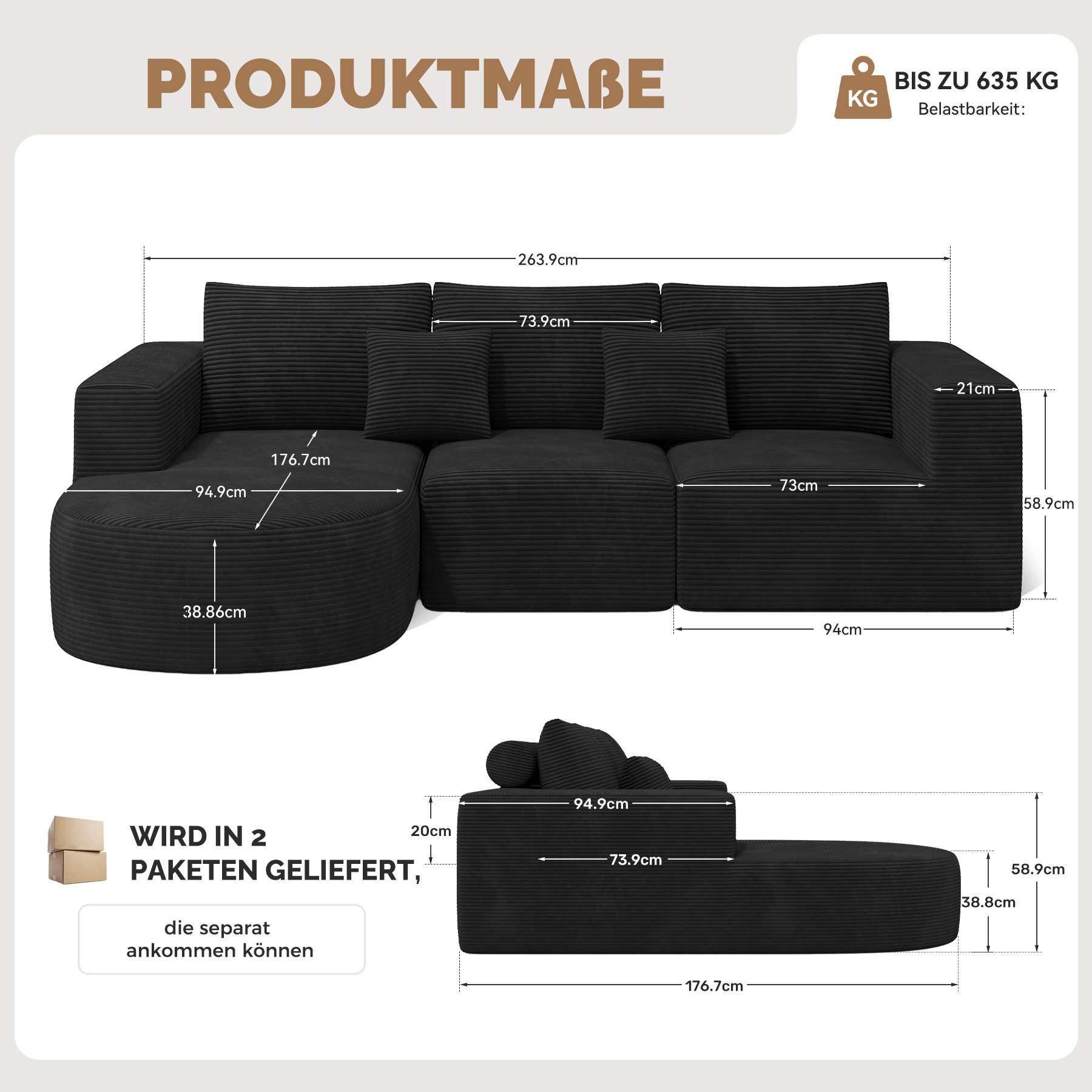 HawthyHome Sofa Cloud-Cord Ecksofa L-form 264x177cm, 1 Teile, Montagefrei Couch mit zwei Kissen für Wohnzimmer & Schlafzimmer