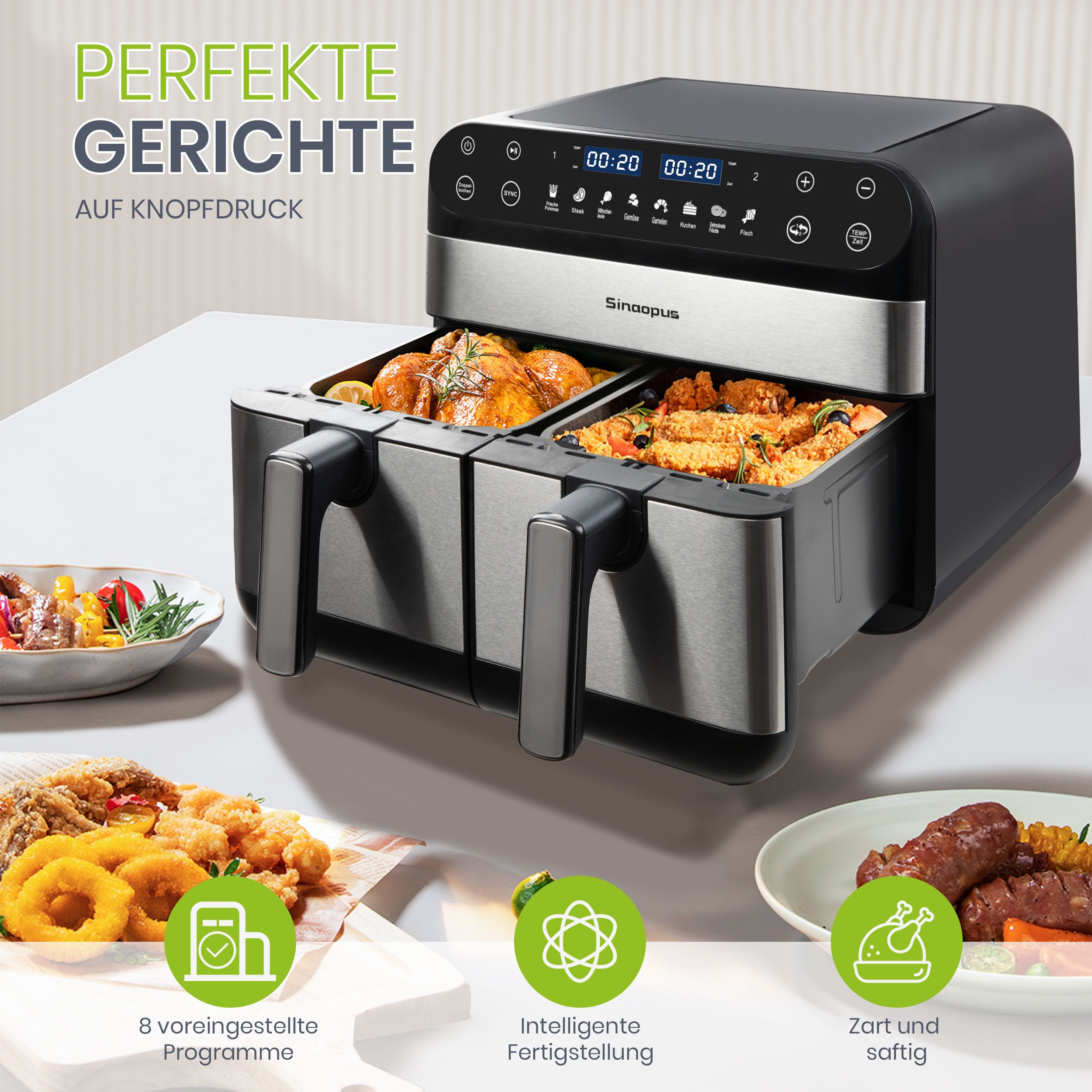 Sinaopus Heißluftfritteuse 10L XXL, 2400W Dual-Zone Airfryer, LED-Touchscreen, 8 Programme, 2400,00 W, synchronisiertes Garen, einstellbare Zeit & Temperatur