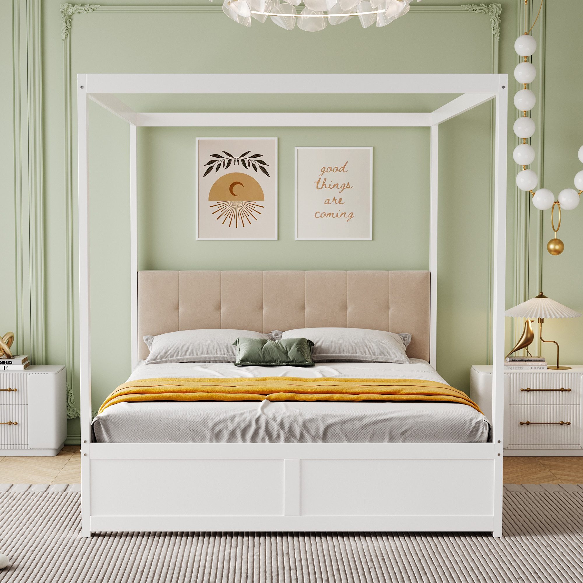 OKWISH Bett Himmelbett aus Holz, Doppelbett Kinderbett Hausbett (mit großen Schubladen und gepolsterter Rückenlehne, 140 x 200 cm), ohne Matratze