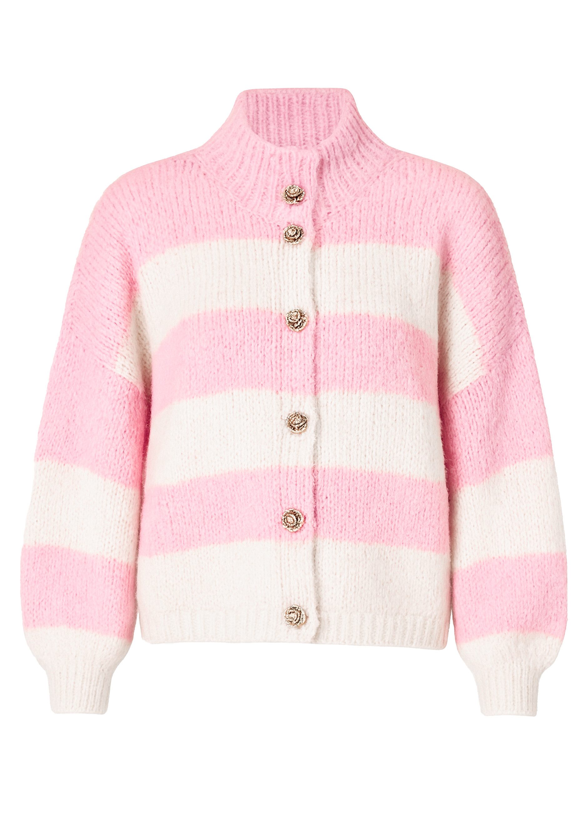 SASSYCLASSY Cardigan Gestreifter Oversize Cardigan mit Schmuckknöpfen Flauschige Strickjacke mit Blockstreifen und hohem Kragen Rosa