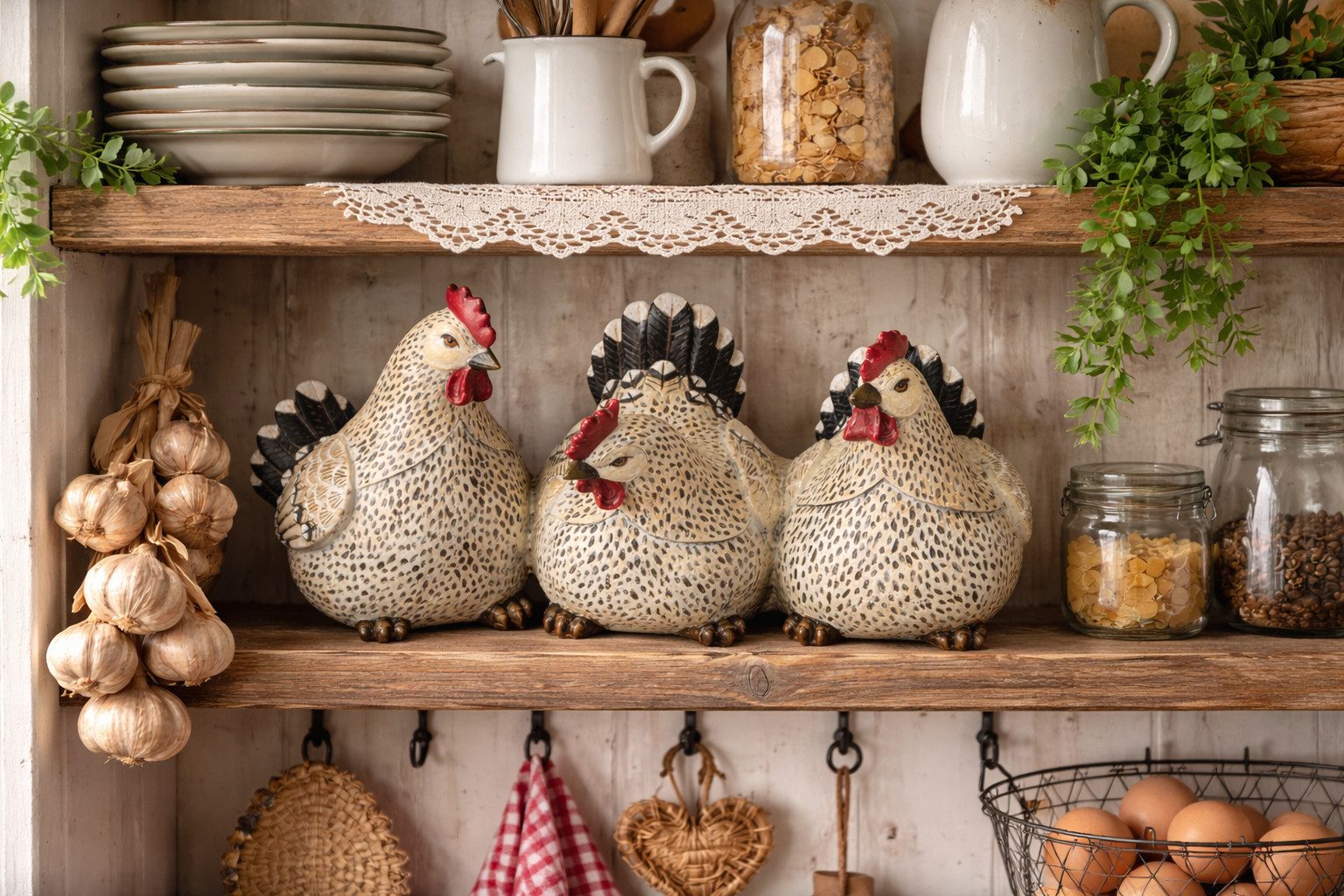 finehomegarden Dekofigur Deko Hühner Set 3-teilig natur/schwarz – Landhausstil Dekofiguren (1 St), aus Polyresin,29,5x15 cm Hoch ca. 17cm Ostern Skuptur Bauernhof
