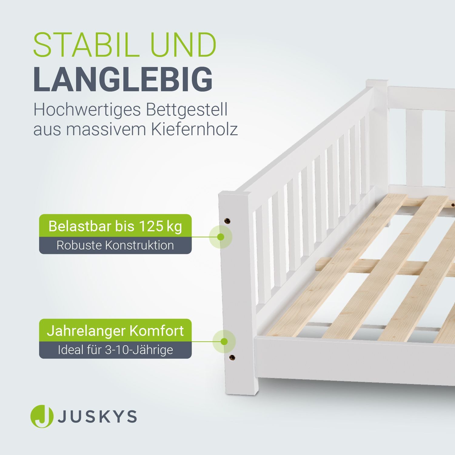 Juskys Kinderbett Naya, 140x200 cm Bodenbett aus Holz, mit Rausfallschutz & Lattenrost