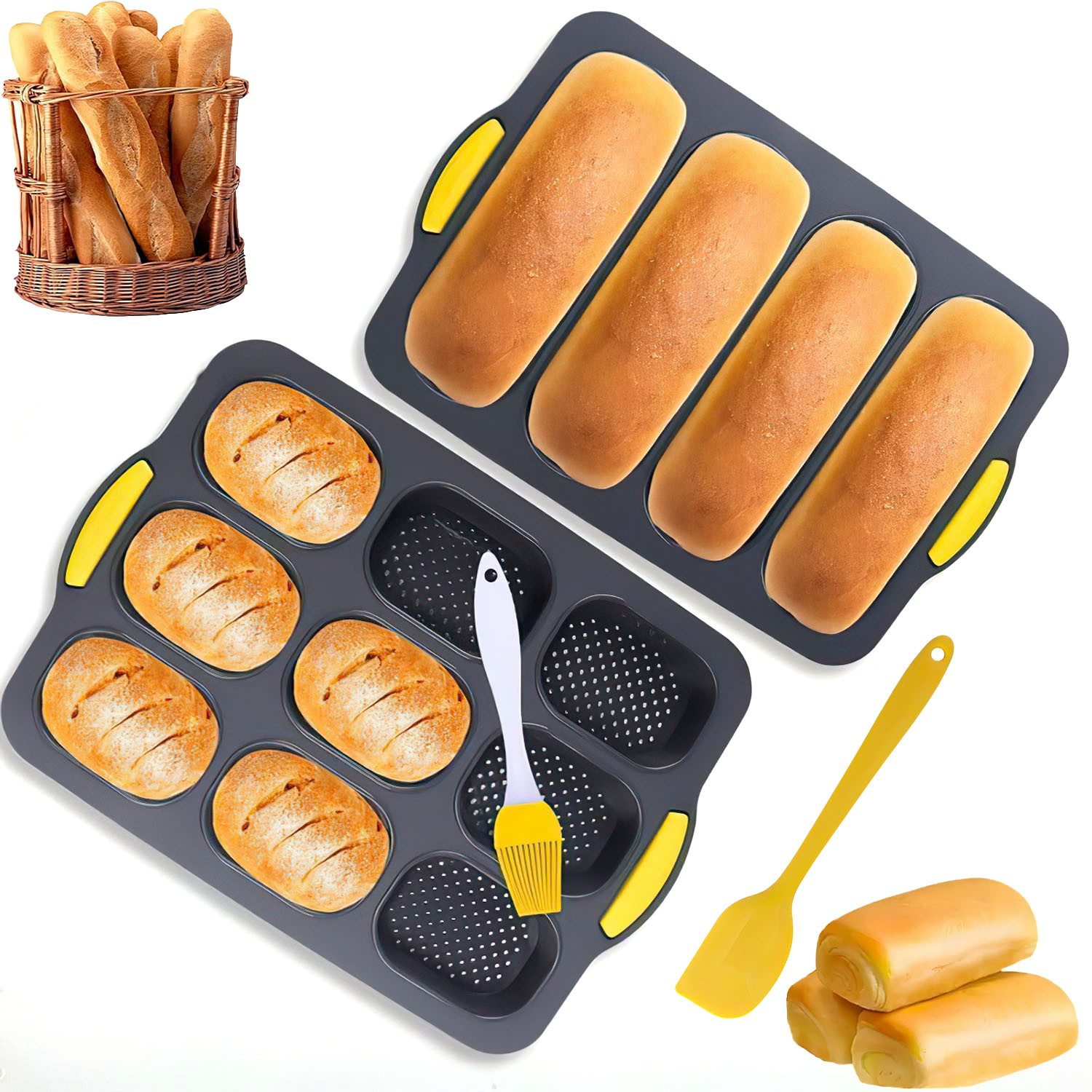 HEYHIPPO Brotbackform Backform Set für Baguette & Brot, 2 Silikonformen, Spülmaschinenfest, (2-tlg), Antihaft-Silikon,hitzebeständig,leicht zu reinigen,rutschfestem Griff