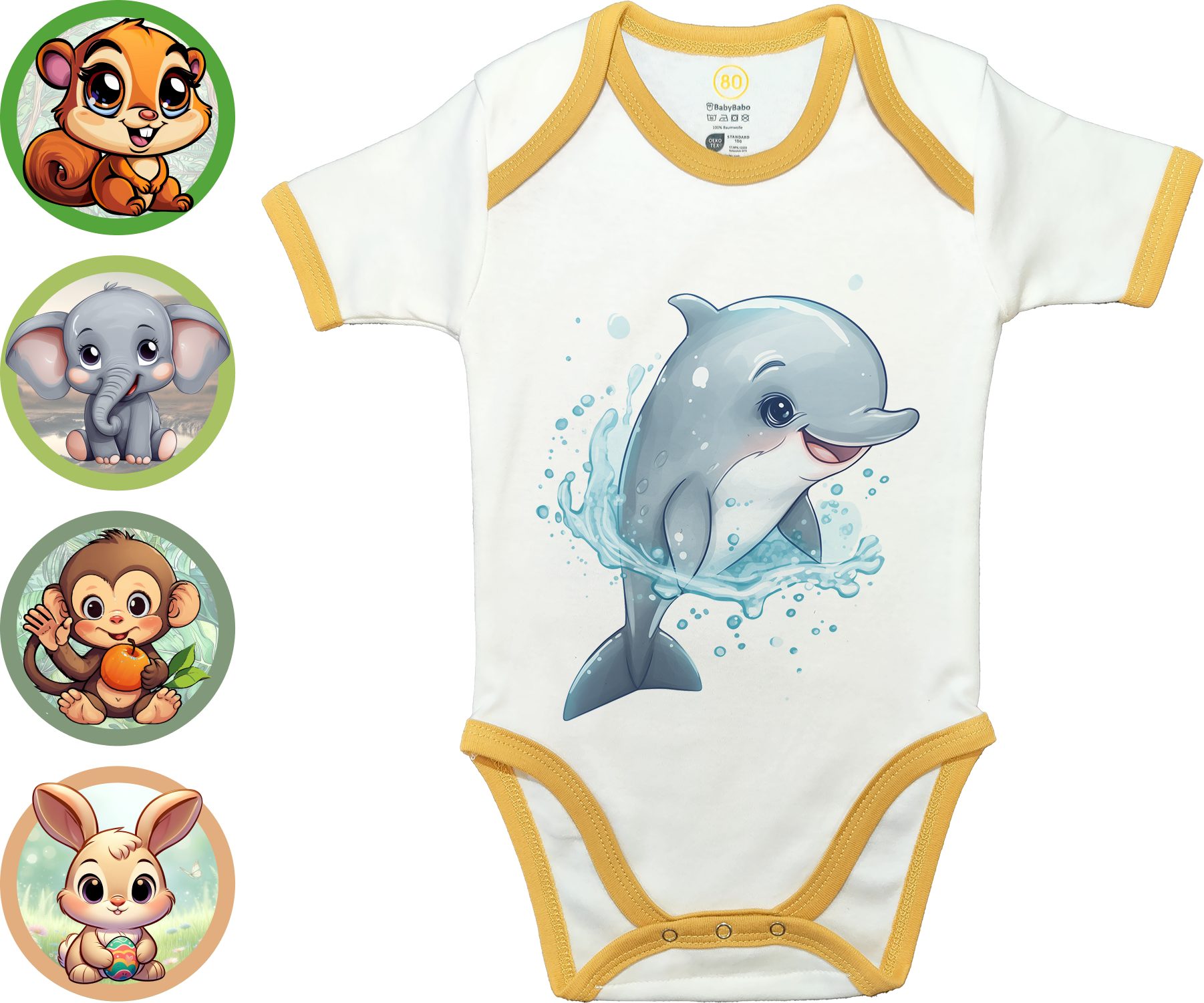 BabyBabo Premium Kurzarmbody Süßes Tier Motiv - Premium Baby Body (Delfin Dido) OEKO-TEX zertifiziert