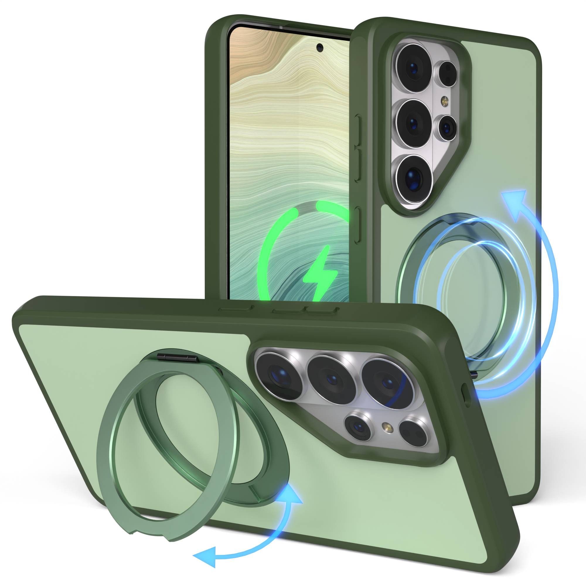 EAZY CASE Handyhülle Outdoor Galaxy S26 Ultra Case mit MagSafe Rotation Ring 6,9 Zoll, Backcover Case mit Rotation Ring Outdoor Hülle aufstellbar Dunkelgrün