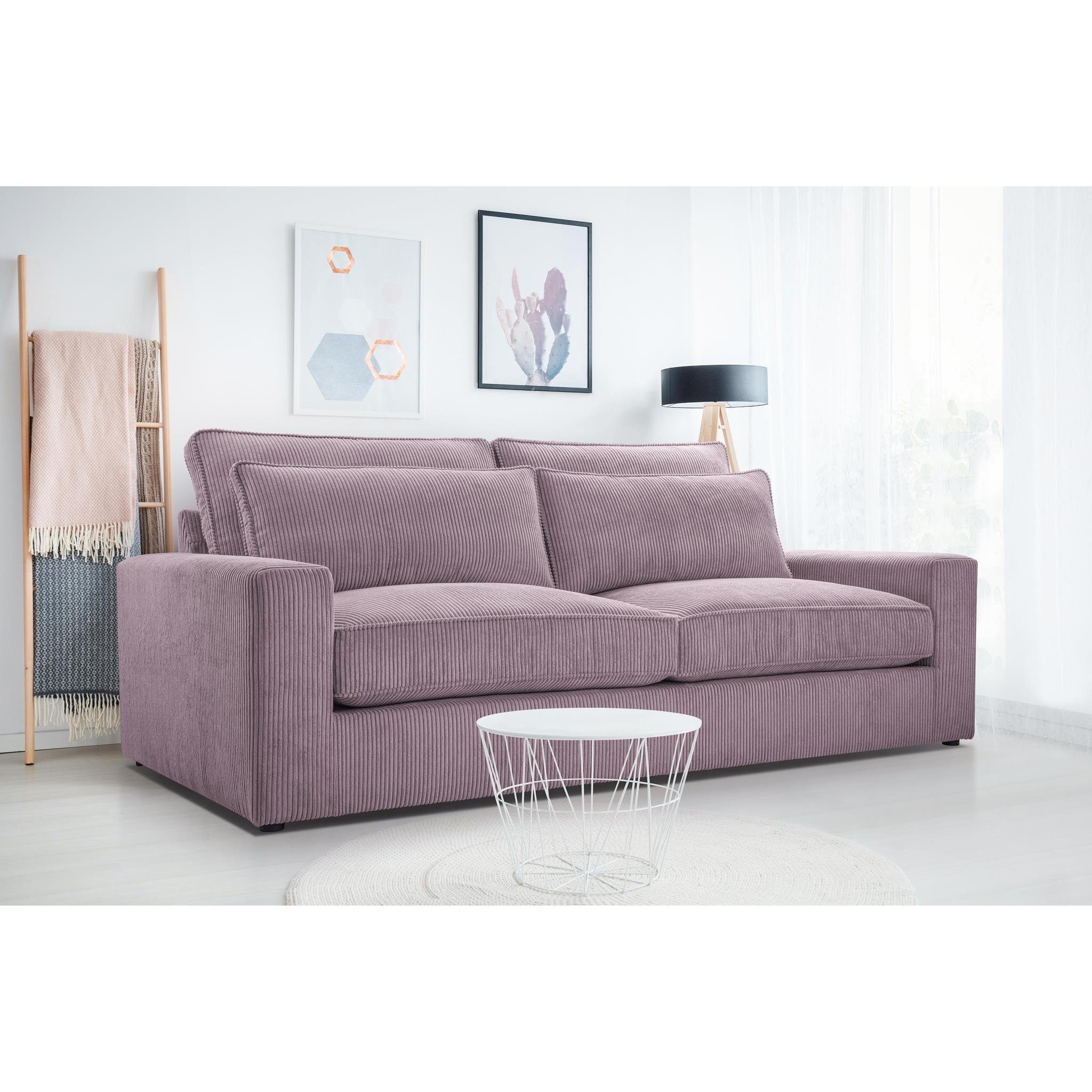 Beautysofa 3-Sitzer Como, Wellenfedern, Wohnzimmer, 221 cm Sofa im modernes Stil, Polstersofa aus Velours im Cord-Struktur Rosa (lincoln 61)